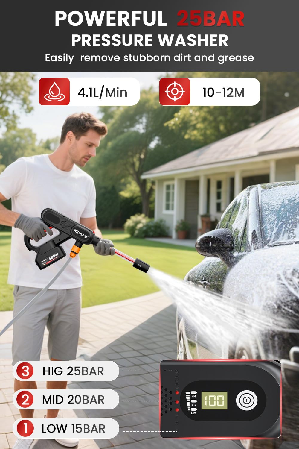 WITHSTAR Cordless Pressure Washers with 2 Rechargeable 3AH Battery, Multi-Function Nozzle, Portable Power Washer for Car/Floor/Patio Cleaning, Garden Watering(Black&RED)