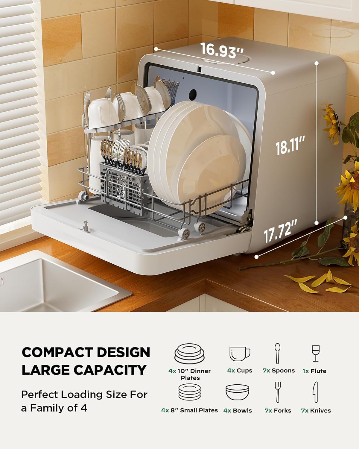 Silonn Portable Countertop Dishwasher with App Control, Mini Dishwasher with 5L Water Tank for Apartments/RVs No Hookup Needed, Dish washer with 8 Wash Programs 4 Place Settings Auto Air Dry