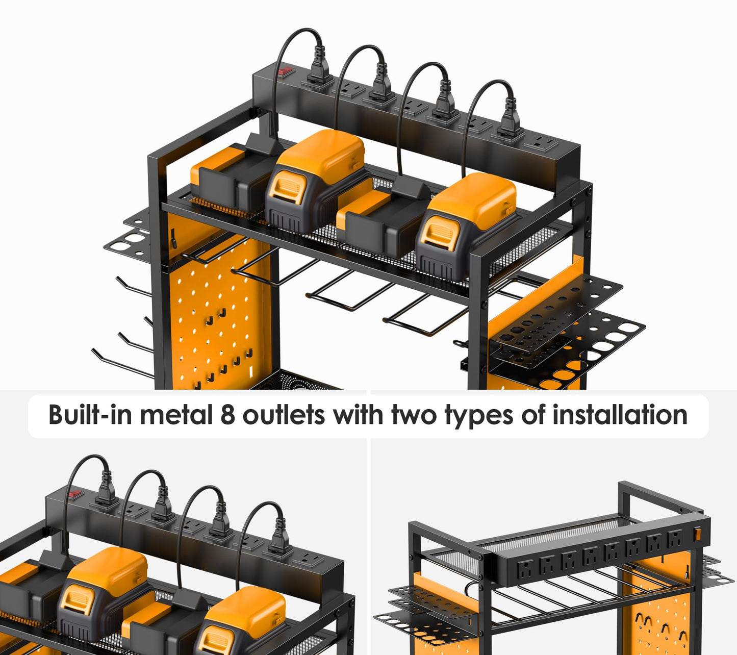 CCCEI Power Tool Organizer Cart with Charging Station, Garage Floor Rolling Storage Cart on Wheels for Mechanic, Mobile 6 Drill, Tool Box Utility Cart with Power Strip, Yellow.