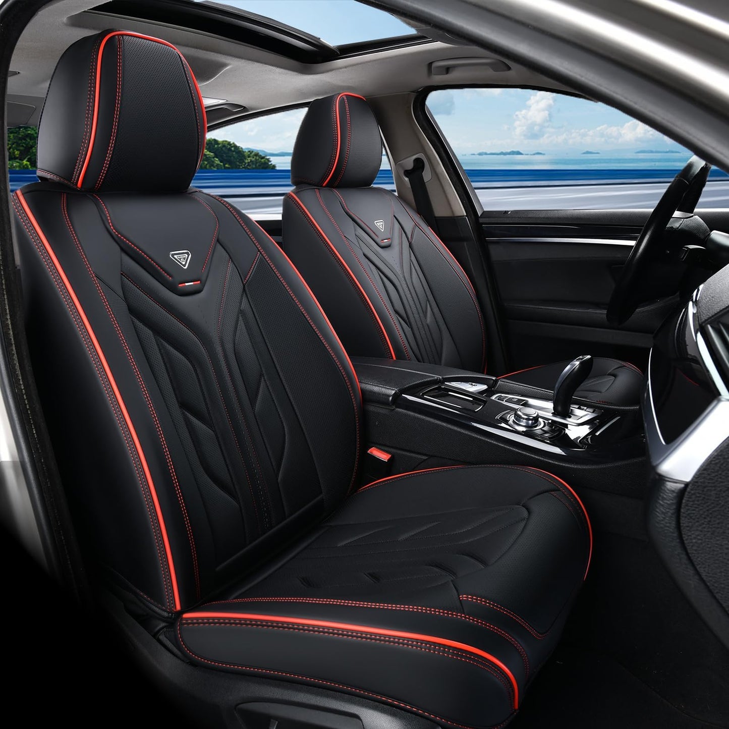 Coverado Seat Covers, Car Seat Covers Full Set, Leather Seat Covers for Cars, Automotive Seat Covers Car Seat Protector Car Accessories Fit for Most Sedans SUV Pick-up Truck(Black&Red)