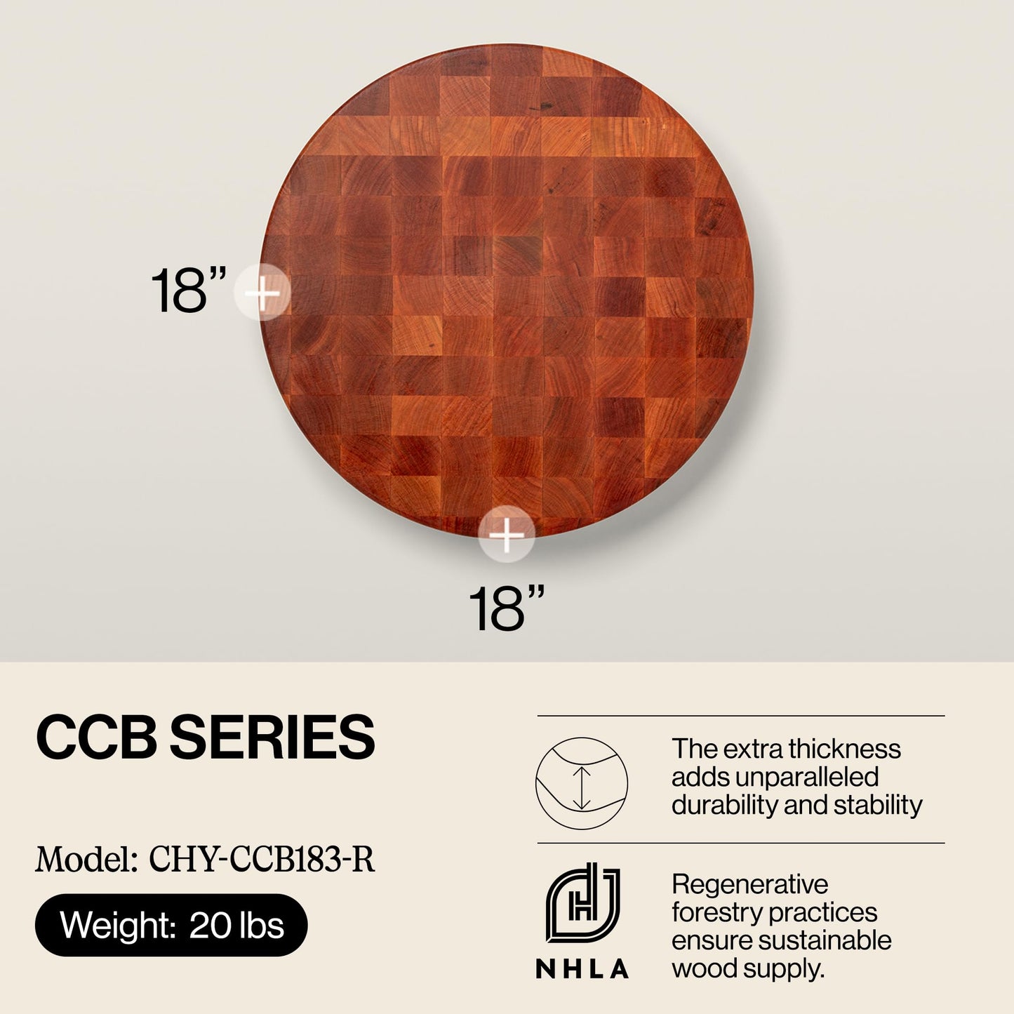 John Boos CCB Series Round Wooden Cherry Cutting Board 18”x18” – 3” Thick, 20-lb Reversible Butcher Block with End-Grain – Made in the USA
