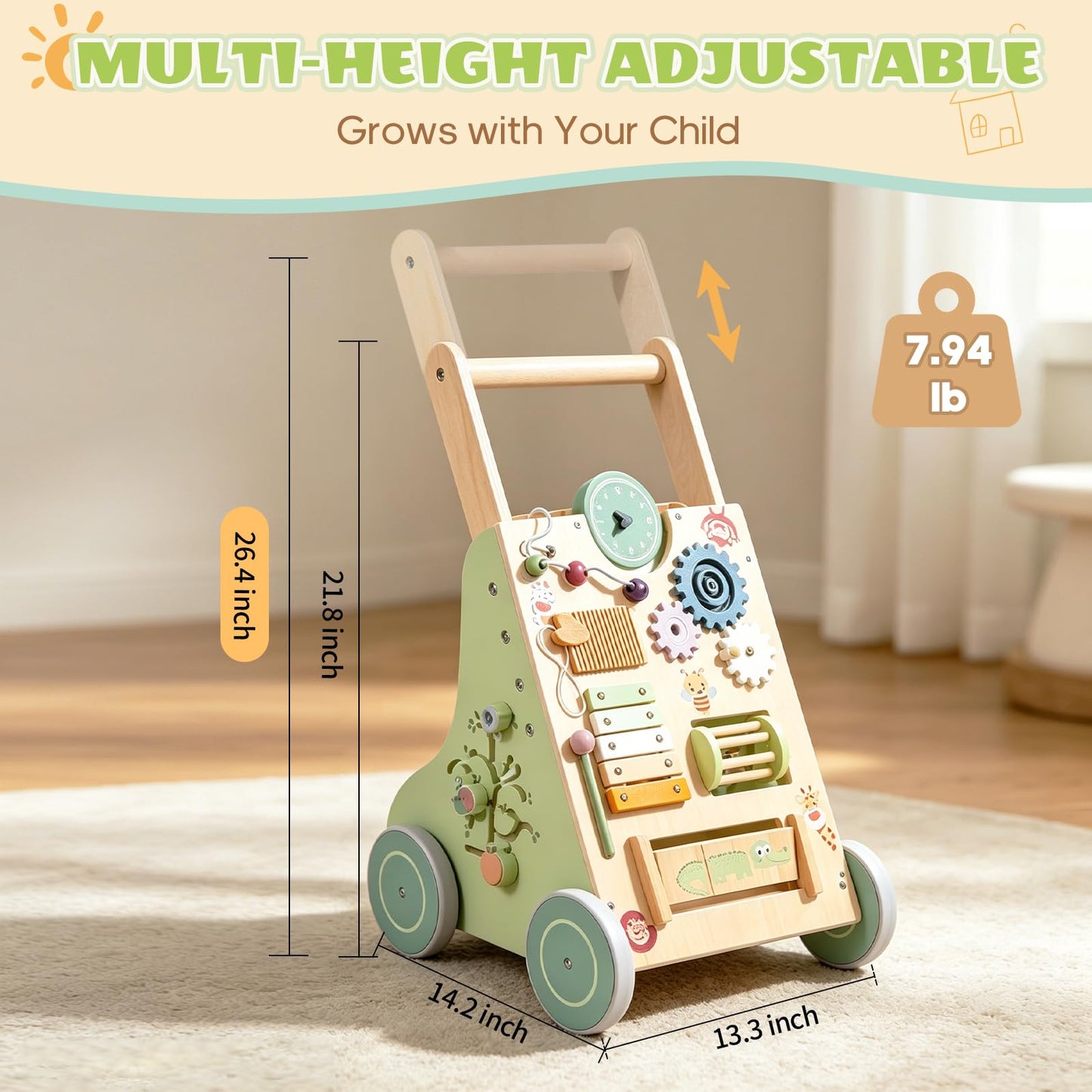 Brownroot Wooden Baby Walker with 10-in-1 Activity Center, Montessori Toddler Push Toy with Xylophone, Shape Sorter & Gears, Early Educational Learning Toy for 1+ Year Old Boys & Girls