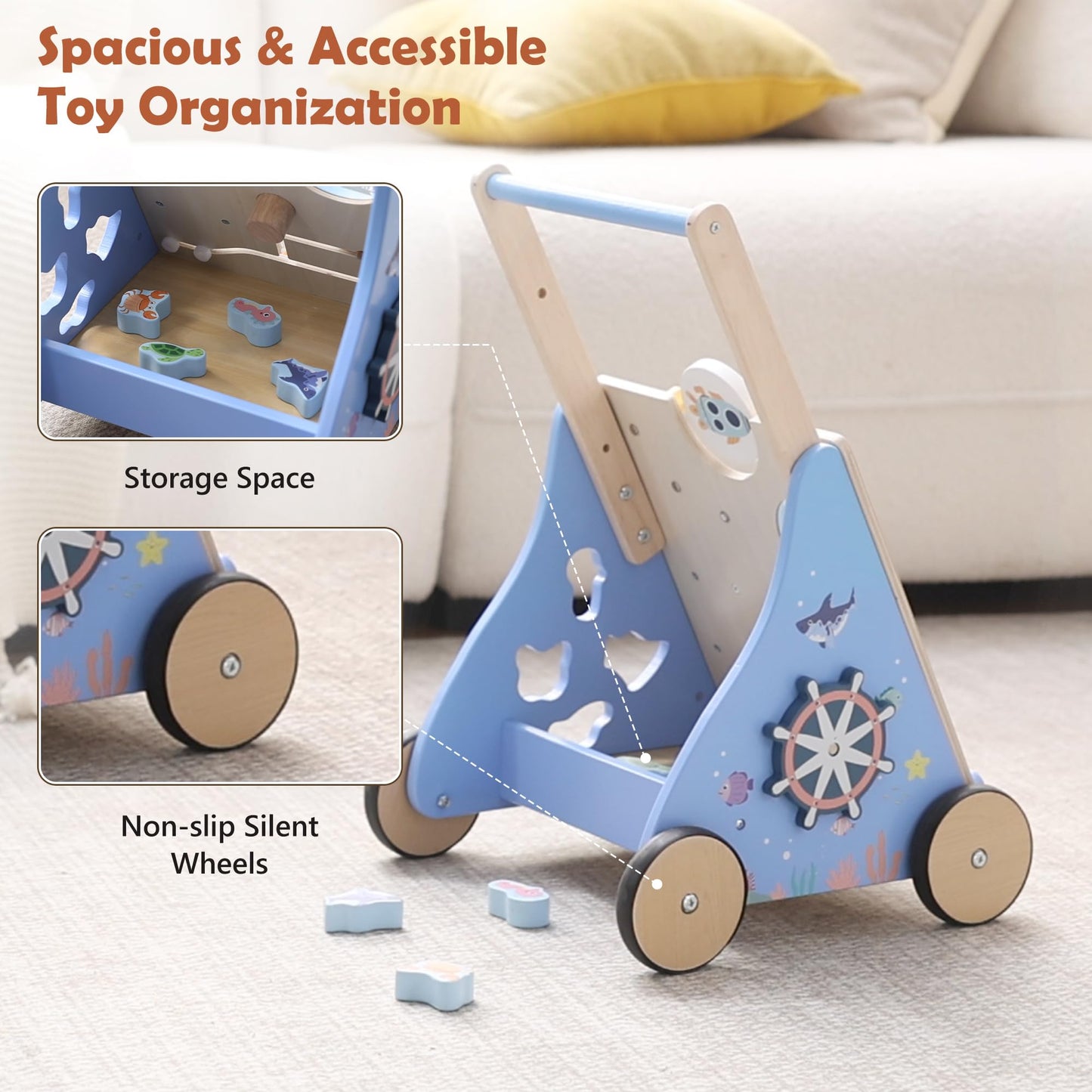 Wooden Baby Walker, Baby Push Walker with Montessori Toy for Girls Boys, Toddler Walking Toys for 18 Months of Age and Over Learning to Walk, Sit-to-Stand, Baby Activity Center for Kids Development