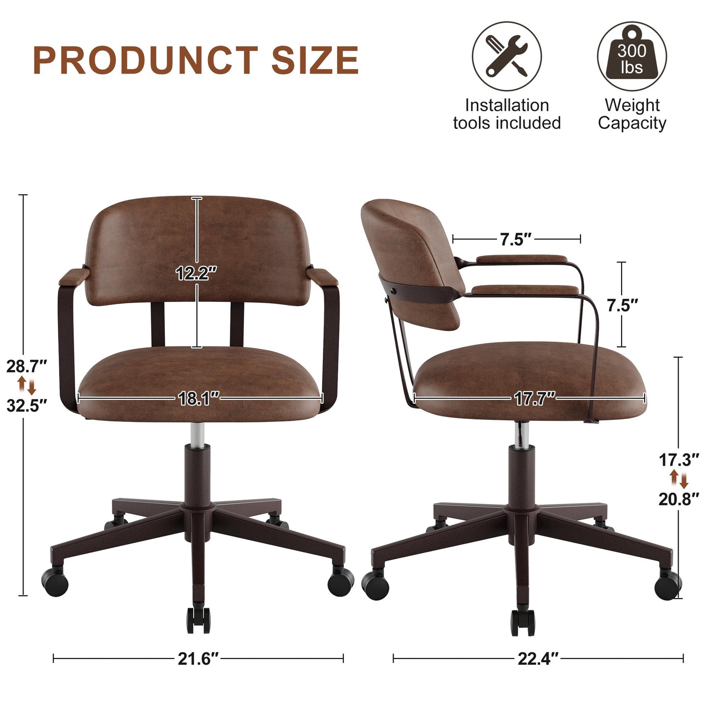 BFZ Mid Century Retro Home Office Desk Chair with Back, Faux Leather Adjustable Height Rolling Swivel Computer Task Armrests Chair for Home Office, Brown