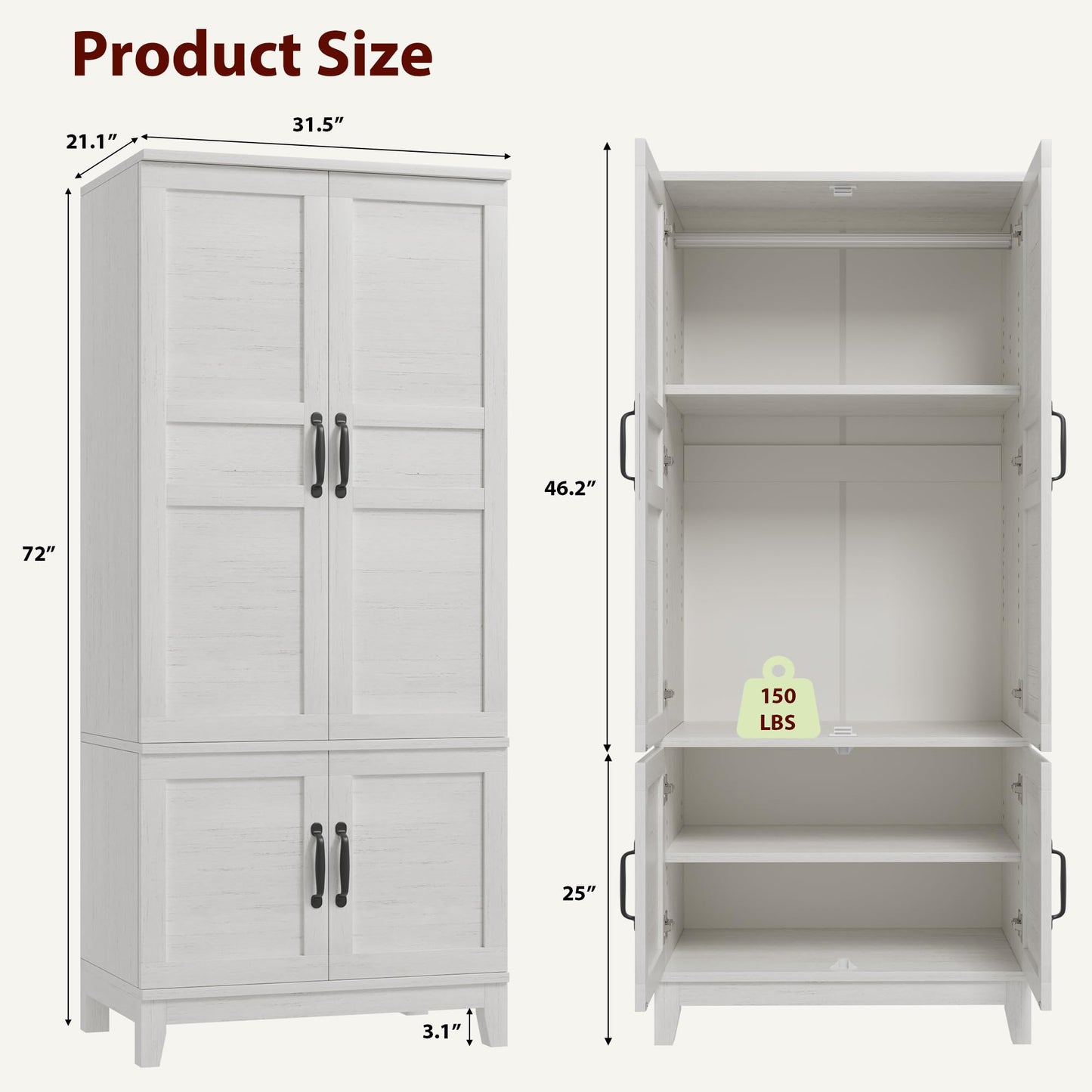 GarveeHome Armoire Wardrobe Closet with 4 Doors, 72 in Wooden Wardrobe Cabinet with Hanging Rod, Freestanding Tall Clothing Armoire Storage Cabinet with Adjustable Shelves for Bedroom, Rustic White