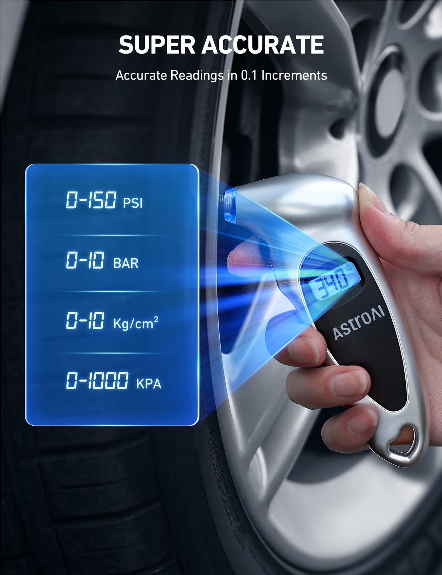 AstroAI Digital Tire Pressure Gauge 0-150PSI(Accurate in 0.1 Increments),4 Units for Car Truck Bicycle with Backlight LCD and Presta Valve Adaptor (1 Pack+4pack)