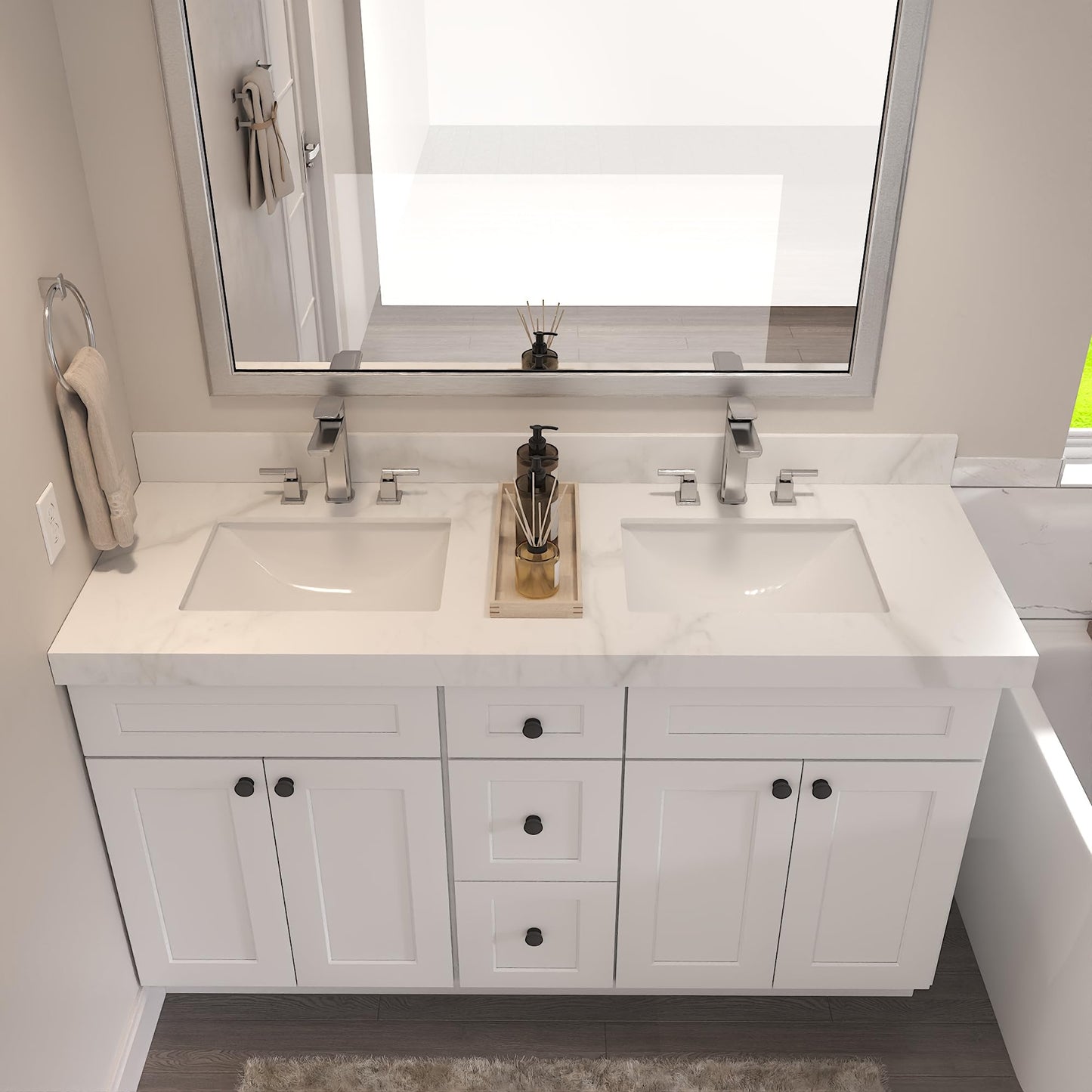 Furinno VATO Double Bathroom Vanity Top, 61W x 22D x 2.5H Porcelain Double Vanity Sink Top, with Pre-Drilled Holes for Faucets, Carrara White