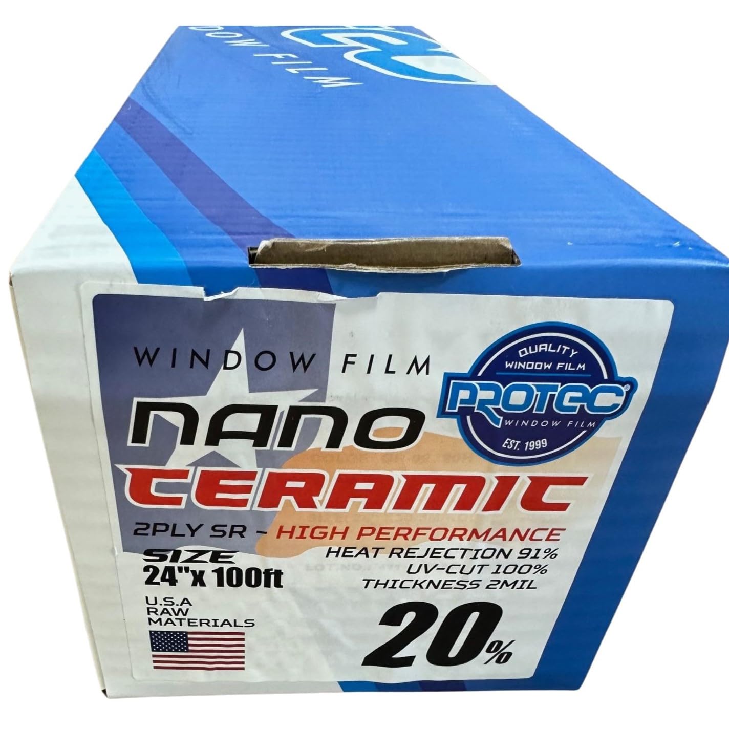 Protec Nano Ceramic Window Tint Film 20% VLT 24" x 100ft 2PLY Roll - Heat & Glare Reduction, UV/IR Protection for Car, Home, Office & Commercial Glass