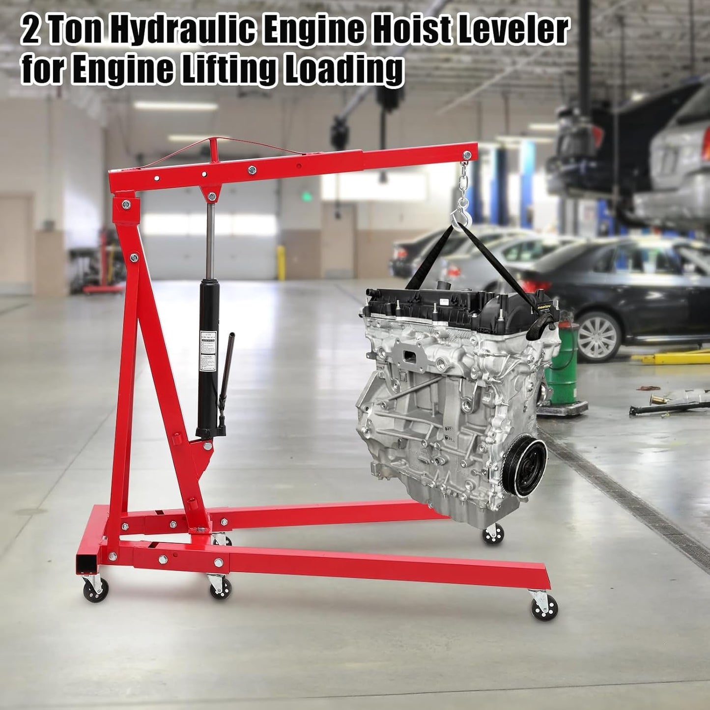 EliteEdge 2-Ton Folding Engine Hoist Cherry Picker 4400 Lb Capacity Hydraulic Shop Crane with Telescoping Boom 6 Caster Wheels for Automotive Repair Garage Use Includes Hitch and Storage Stand Red