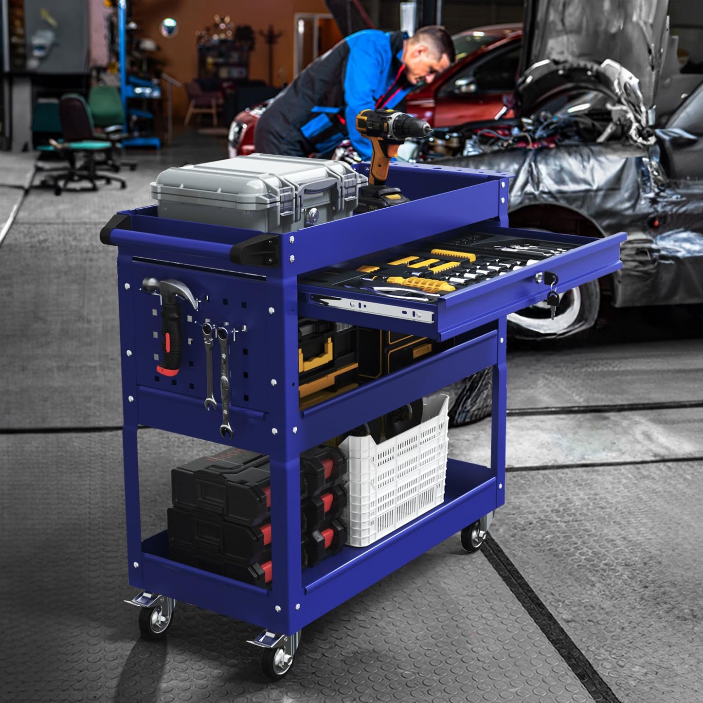 3-Tier Rolling Utility Cart, Metal Heavy Duty Utility Cart on Wheels with Lockable, 330 lb. Load Large Storage Capability Tool Cart for Garage, Warehouse, Repair Shop(Blue)