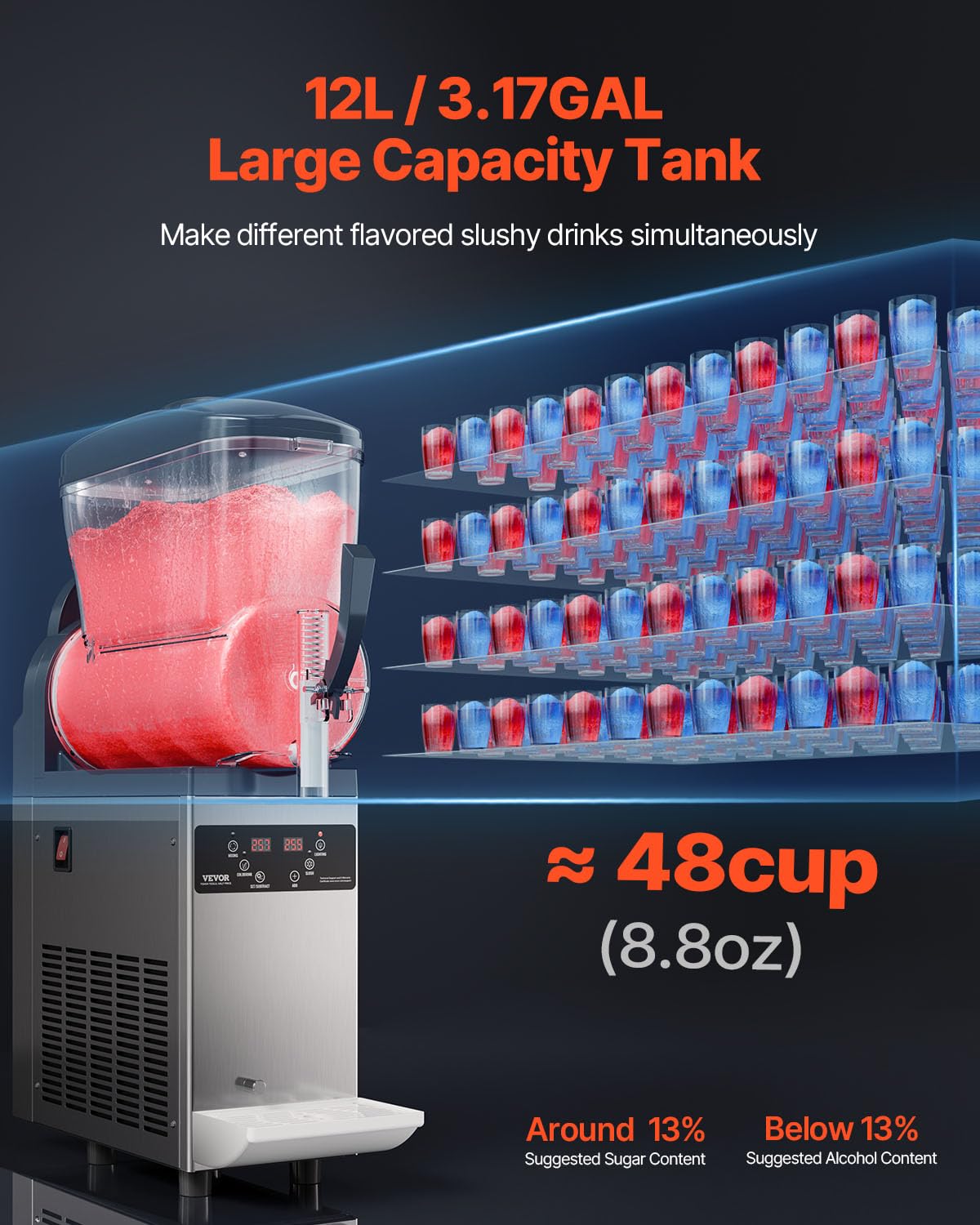 VEVOR Commercial Slushy Machine, 12L Single Tank Frozen Drink Machine, 48 Cups Stainless Steel Margarita Smoothie Frozen Drink Maker, Slushie Maker for Home Party Restaurants Cafe Bars