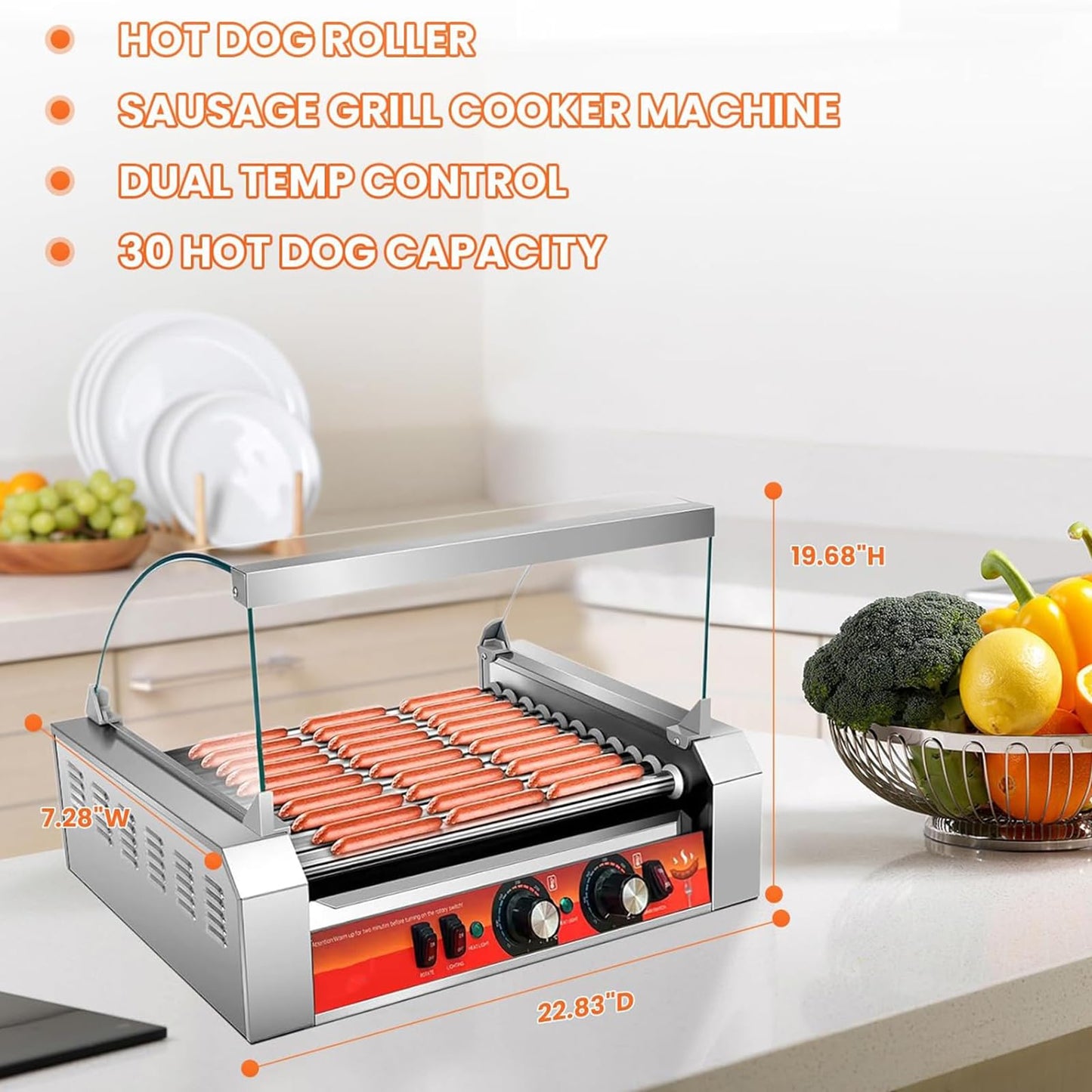 Vexon 1670W 11-Roller Hot Dog Machine,Holds 30 Hot Dogs,Non-Stick & Stainless Steel,for Parties, Events & Food Stalls
