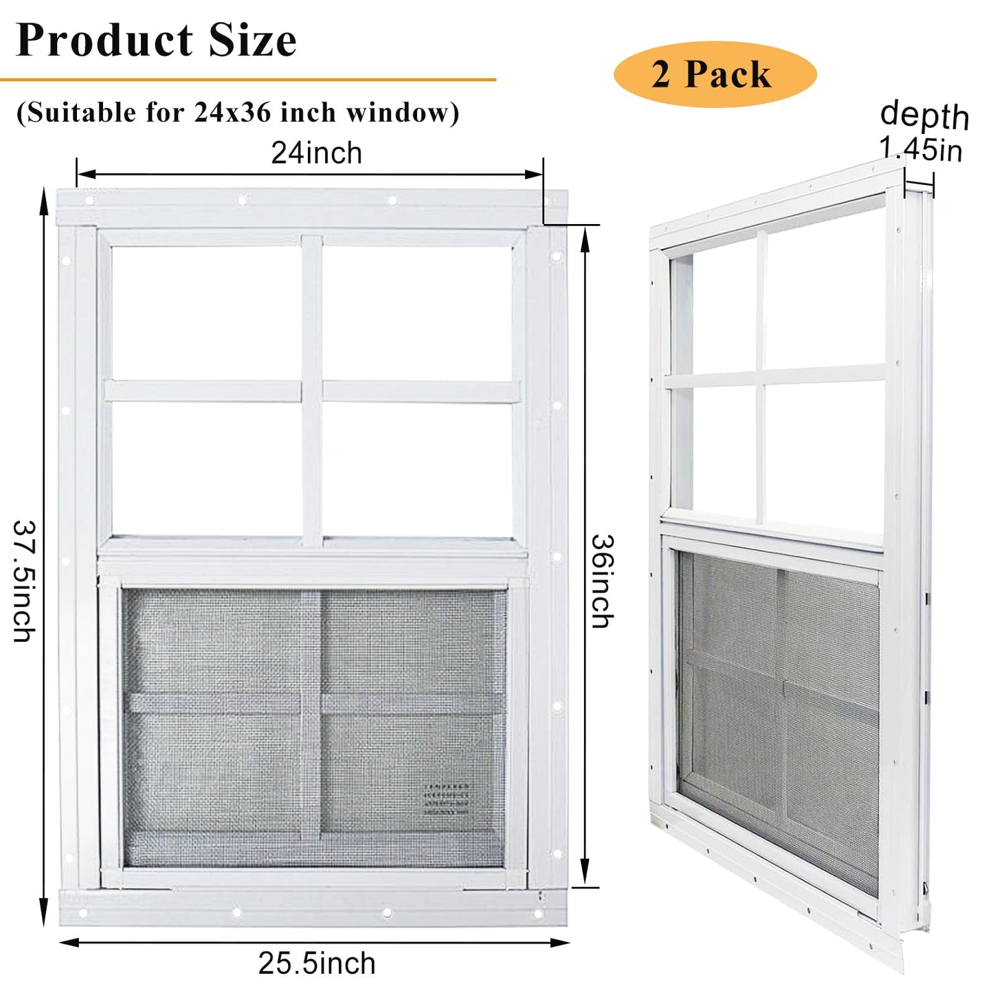 2 Pack White Shed Windows 24" x 36" Flush Mount Window with Tempered Glass and Fiberglass Screen for Chicken Coop Sheds Barns Playhouse