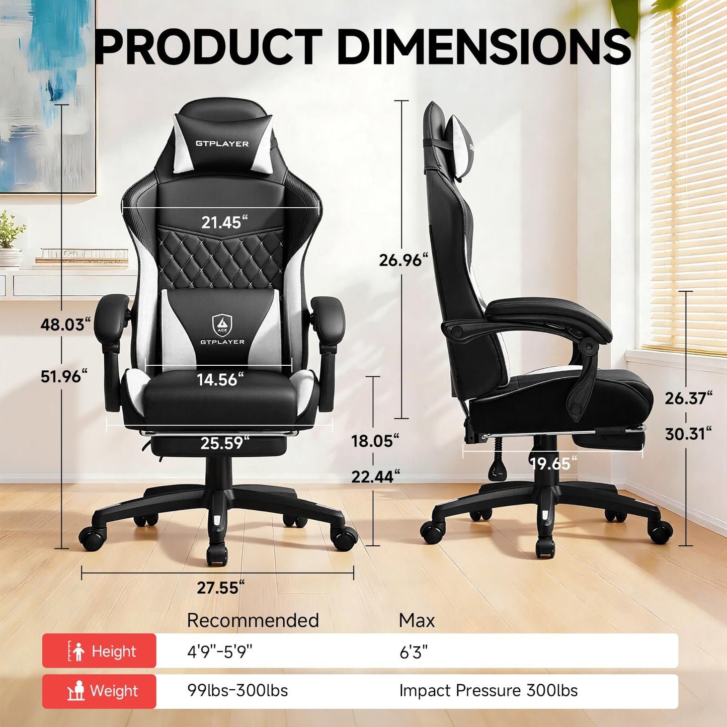GTPLAYER Gaming Chair, High Back Leather Computer Game Chair with Footrest, Ergonomic Height Adjustable Office Chair with Removable Cover and Lumbar Support for Gaming and Work (WT,with Leather Cover)