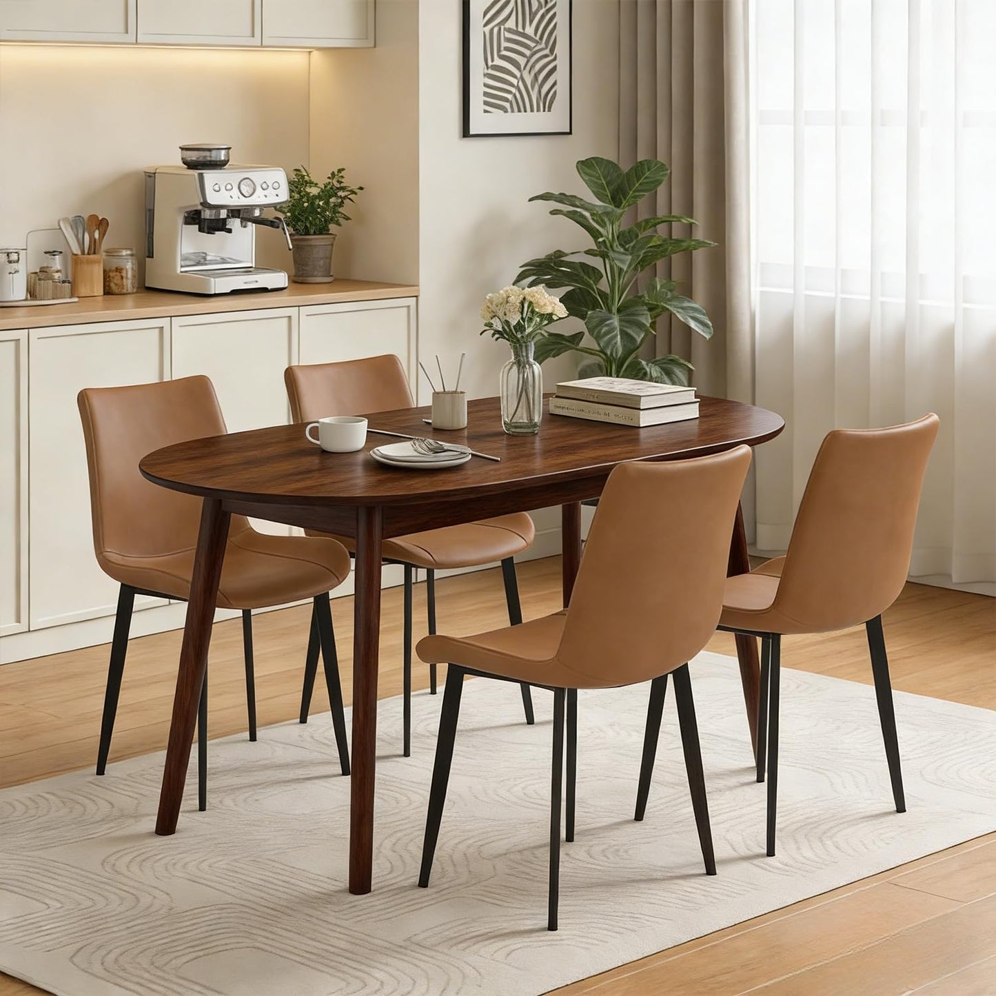 domusdisn 63" Oval Dining Table Set for 4, 5 Piece Modern Dining Table Set for Kitchen and Dining Room Furniture, Solid Wood Legs Dining Table with 4 PU Leather Chairs(Walnut Table+4 Brown Chairs