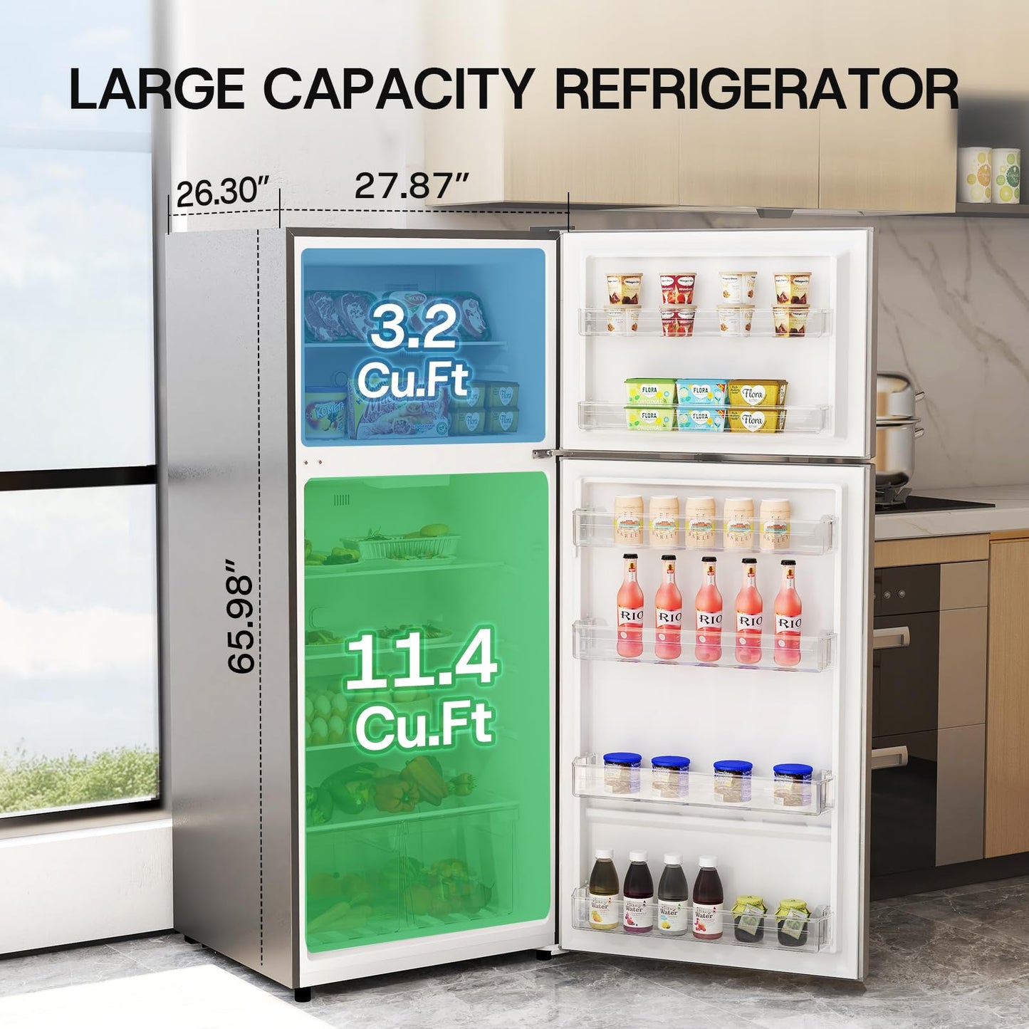 Upstreman 14.6 Cu.Ft. Refrigerator with Top Freezer, 2 Door Fridge with Electronic Thermostat, ENERGY STAR, Low Noise, Frost Free Top Freezer Refrigerator, Reversible Door, Stainless Steel-BD146