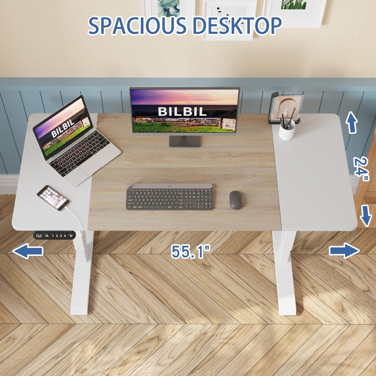 bilbil Height Adjustable Electric Standing Desk, 55 x 24 Inches Sit Stand up for Work Office Home, Ergonomic Rising Computer Table with Memory Preset with Splice Desktop (Oak, White)