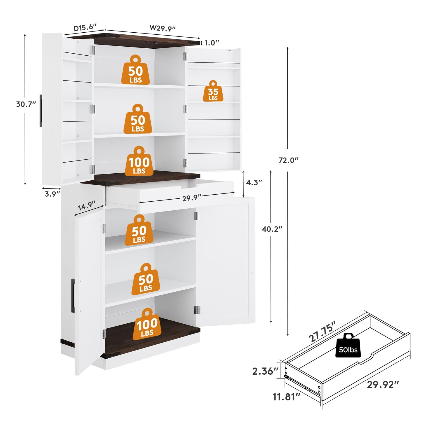 GRUSIGN 72" Kitchen Pantry Storage Cabinet with Doors and Shelves, Wood Farmhouse Pantry Storage with Barn Doors for Kitchen, Dining Room, Living Room