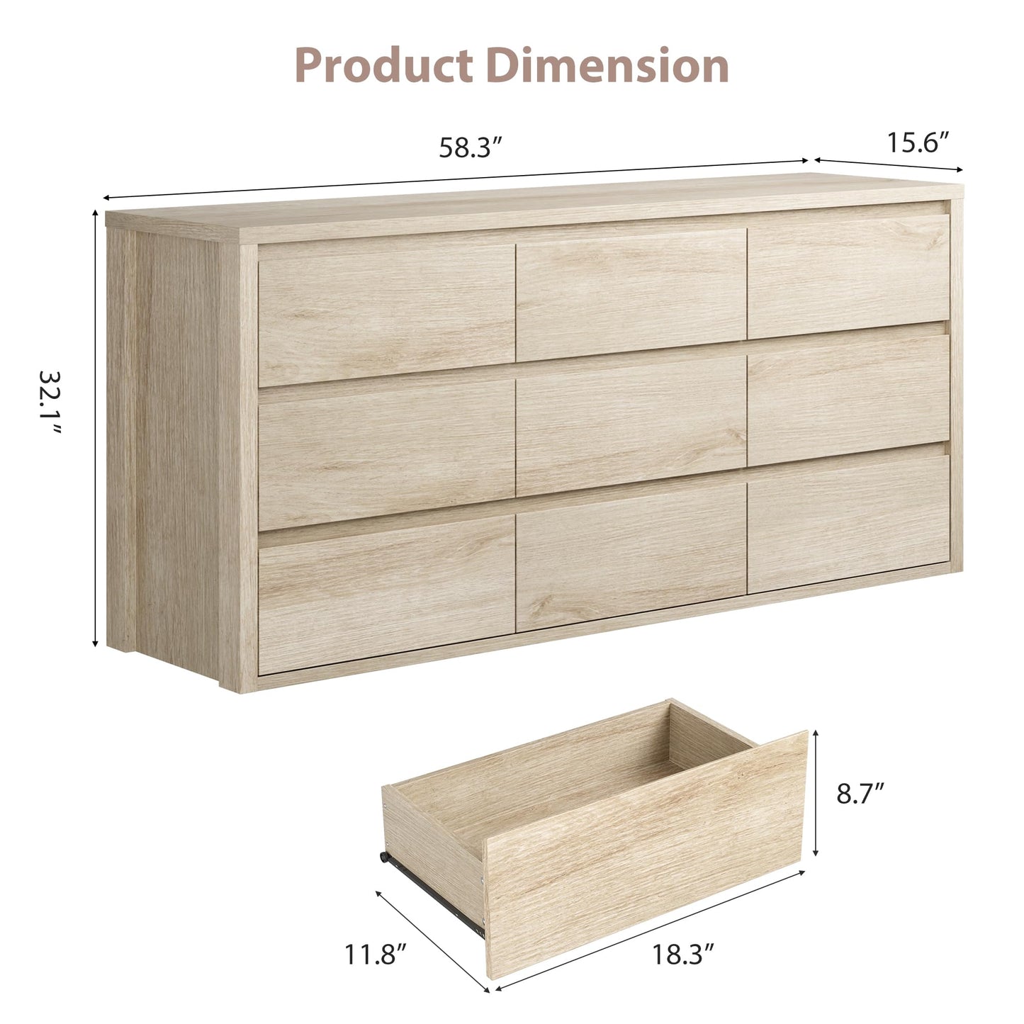 GarveeHome 9 Drawer Dresser for Bedroom, Wide Modern Chest of Drawers, Large Wood Dresser Wooden Storage Organizer for Living Room, Hallway Entryway