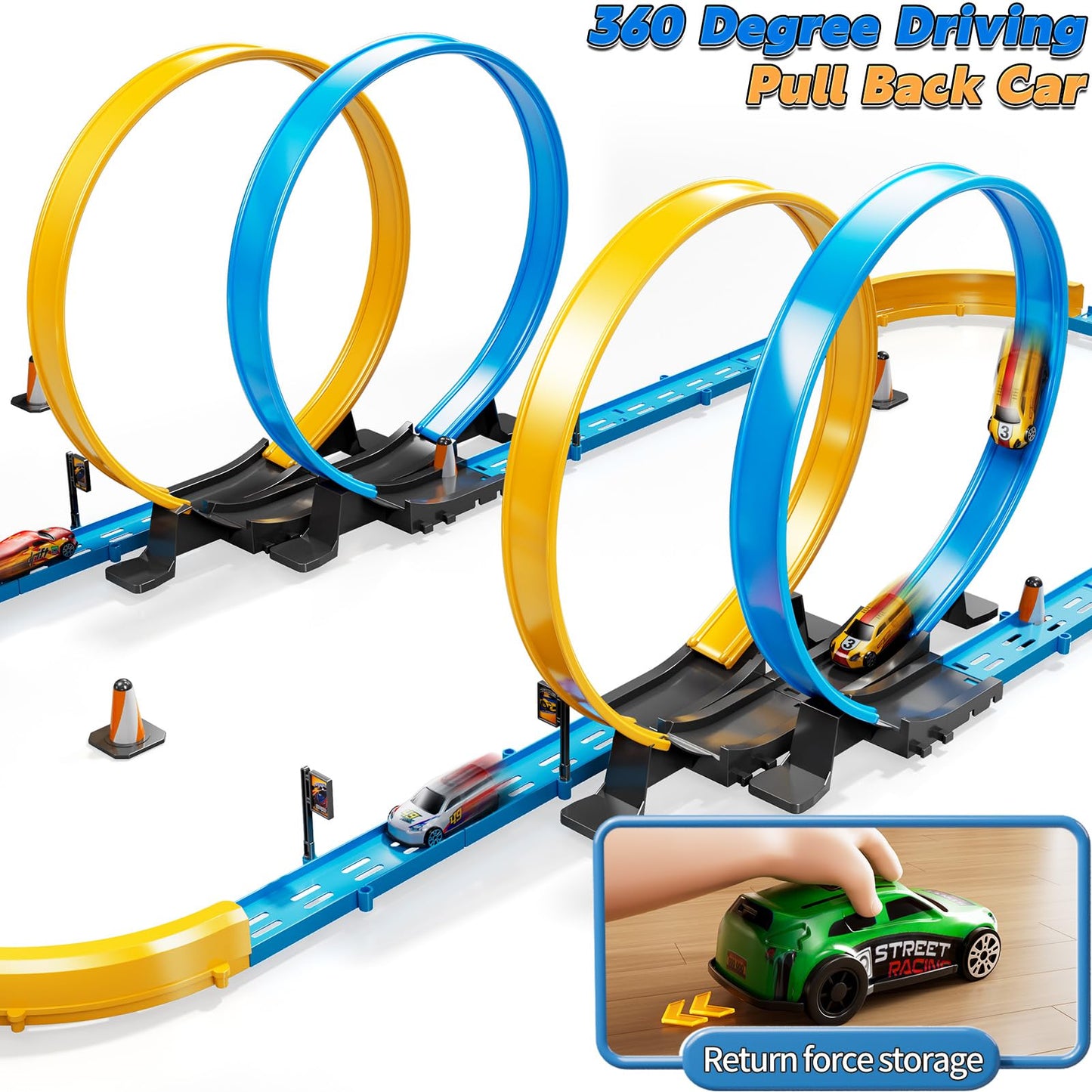 LILYBUDS Toy Car Race Track Set for Boys Kids Age 3-5 4-7, Race Tracks with 4 Crash Zones and 1:64 Scale High-Speed Slot Cars, Christmas Halloween Birthday Gifts Toys for Toddlers Boys 4-8 8-12 Years