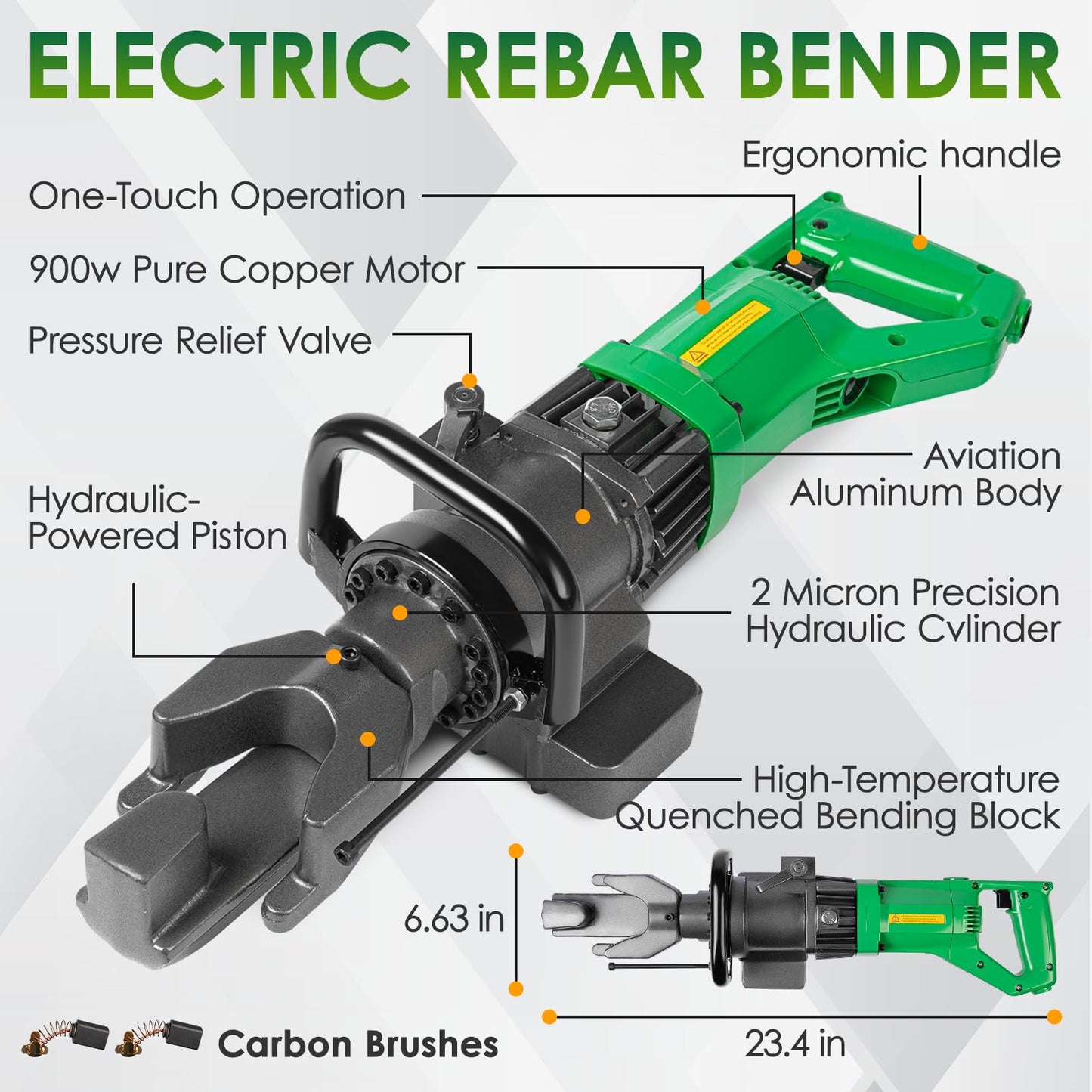 YIXBIZHU 900W Electric Handheld Hydraulic Rebar Bender 3‑Second Bends for #3‑#5 (6‑16mm) Steel Bar, 0‑130° Angle Dial, Lightweight Aviation‑Aluminum Body, 110 V Portable Steel Rod Tool(NRB‑16)