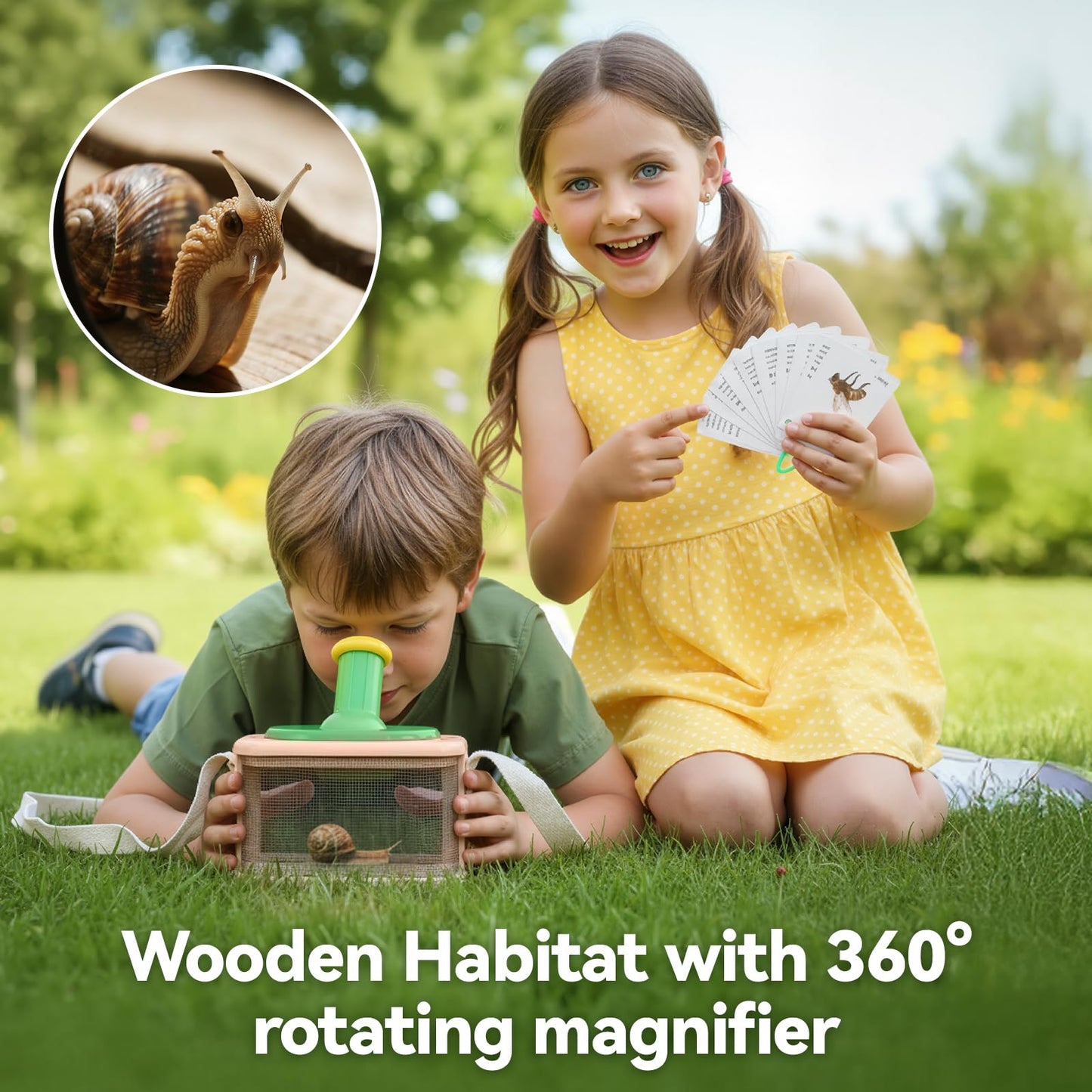 Wooden Bug Catcher for Kids, 360° Rotating Magnifier, Insect Explorer kit, with Bug Habitat, Butterfly Net, Bug Tongs, 10 Insect Cards, Montessori STEM Nature Toy for Outdoor