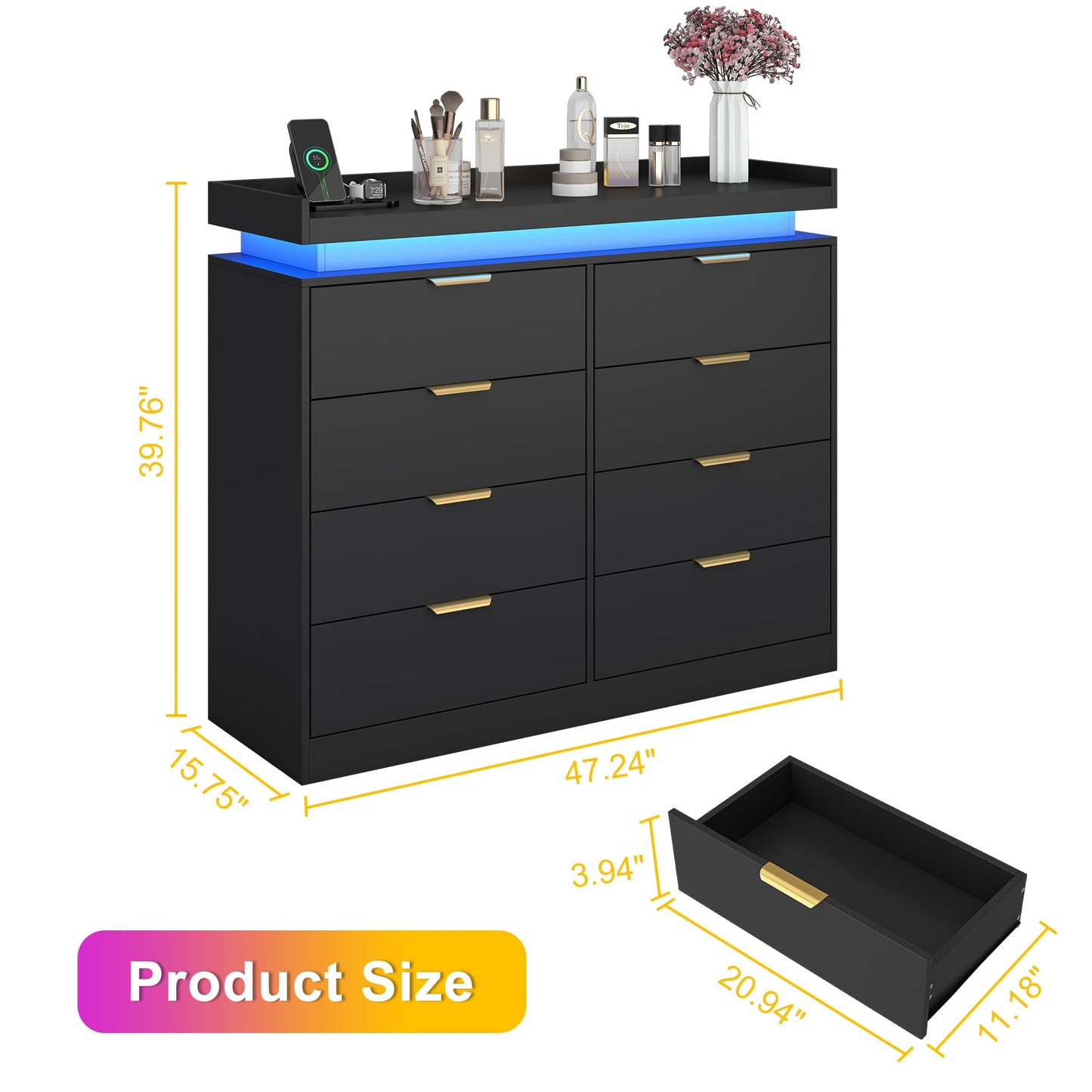 knoworld 8 Drawer Dressers for Bedroom, Black Dresser with LED Lights and Power Outlet, Wood LED Dresser, Double Wide Modern Chest of Drawers for Bedroom, Entryway, Hallway