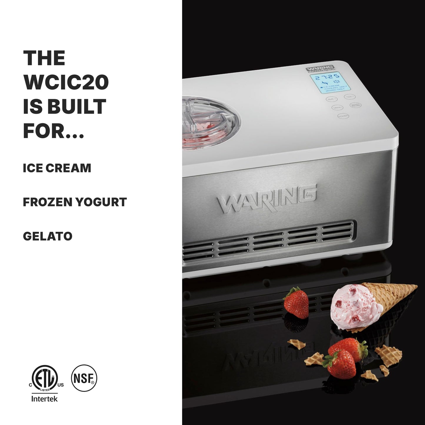 Waring Commercial WCIC20 2 Quart Capacity Ice Cream Maker with Built in Compressor, 180W, 120V, 5-15 Phase Plug