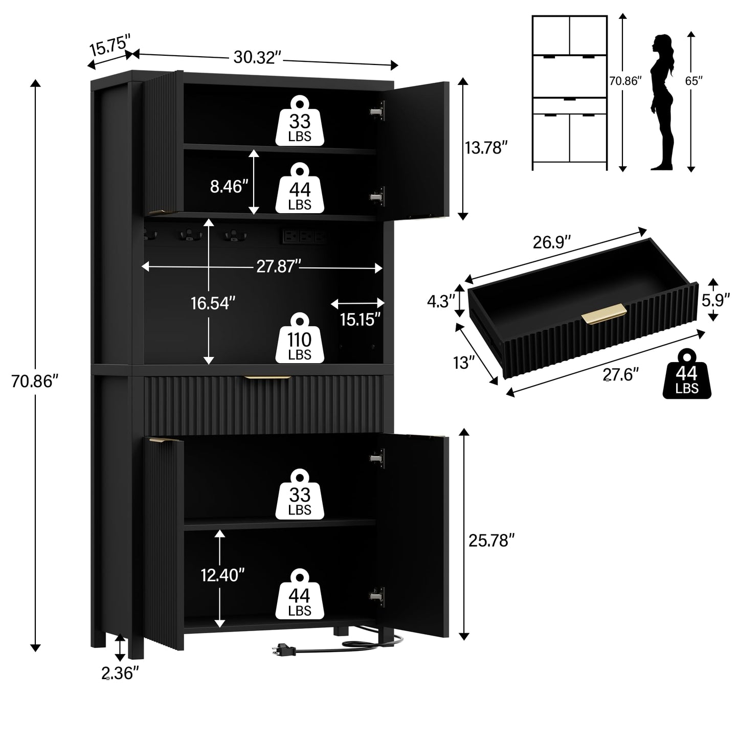 Lulive 71" Fluted Pantry Cabinet with Charging Station & Adjustable Shelves, Spacious Kitchen Storage Cabinet with Open Countertop & Drawer for Dining Room, Living Room, Black