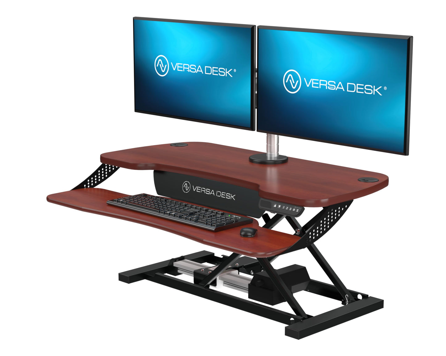 VERSADESK® PowerPro™ Elite 36” x 24" – App Controlled Electric Standing Desk Converter w/USB Charging Port. Raises up to 20”. Fully Assembled – Includes LED Lights. Supports 80 lbs. – Cherry