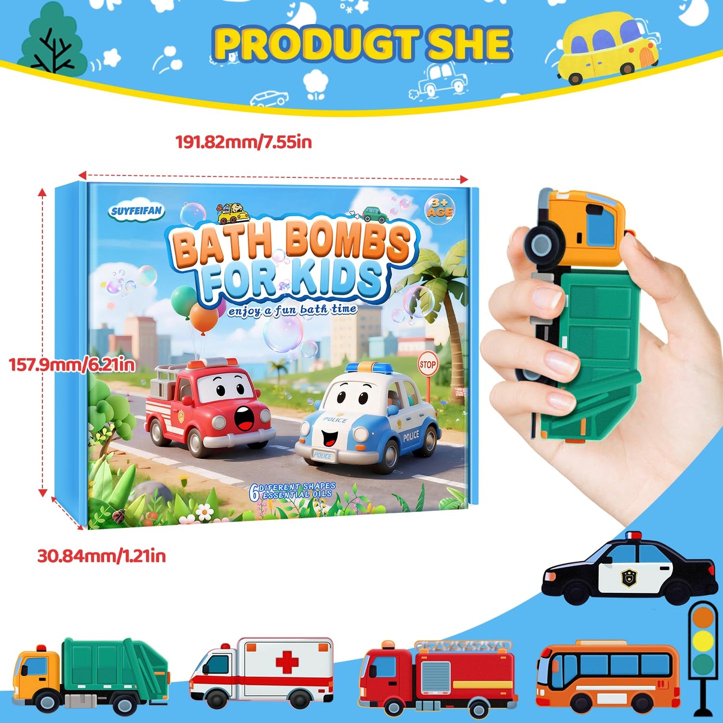 Bath Bombs for Kids, Perfect Mothers Day Gifts for Kids Girls, Handcrafted Car 6 Pack Natural Organic Bubble Bath Bomb Toys, Shaped Like Excavators, Police Car, School Buses, Fire Trucks