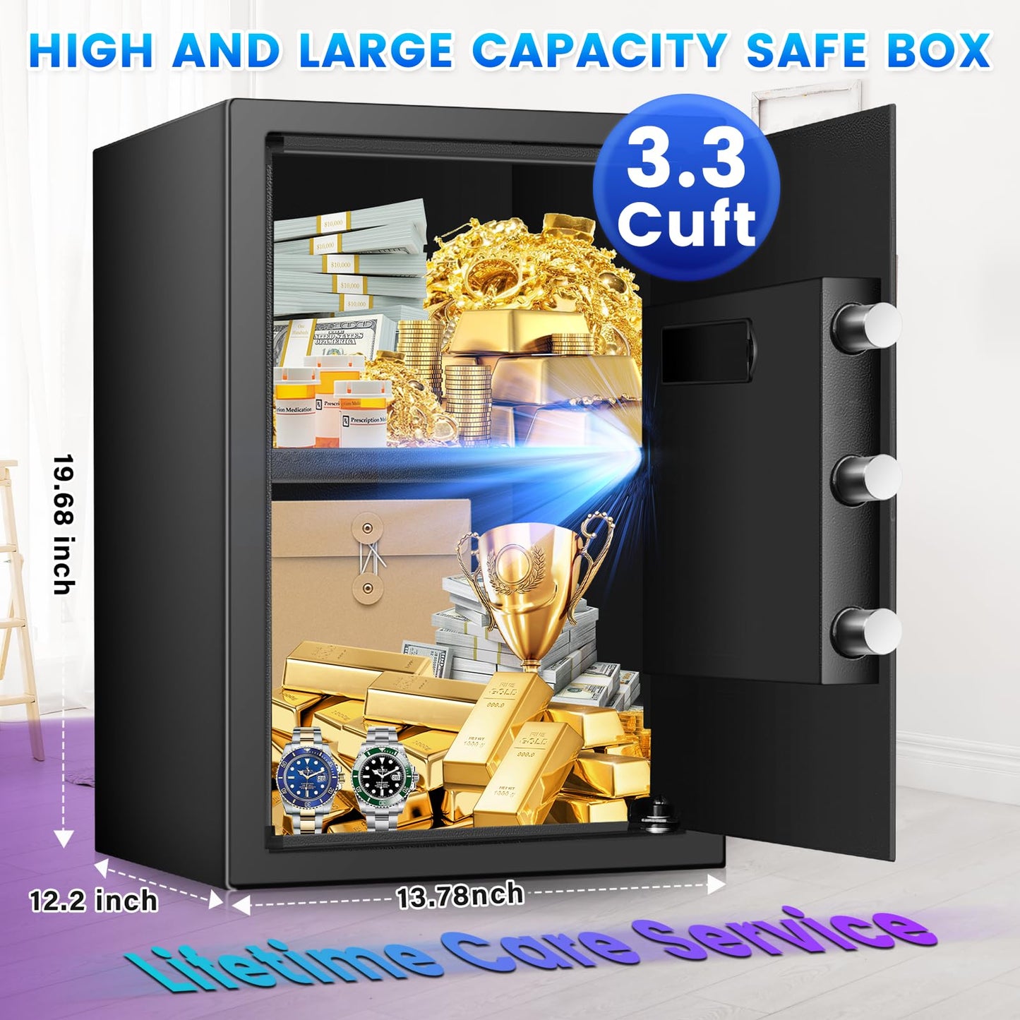 19.69 Inches Tall Safe Box, 3.3 Cuft Home Safe with Fireproof Waterproof Bag, Anti-Theft Digital Security Lock Box with Smart Alert System, Removable Shelf, Mute Function, Document Safes for Jewelry