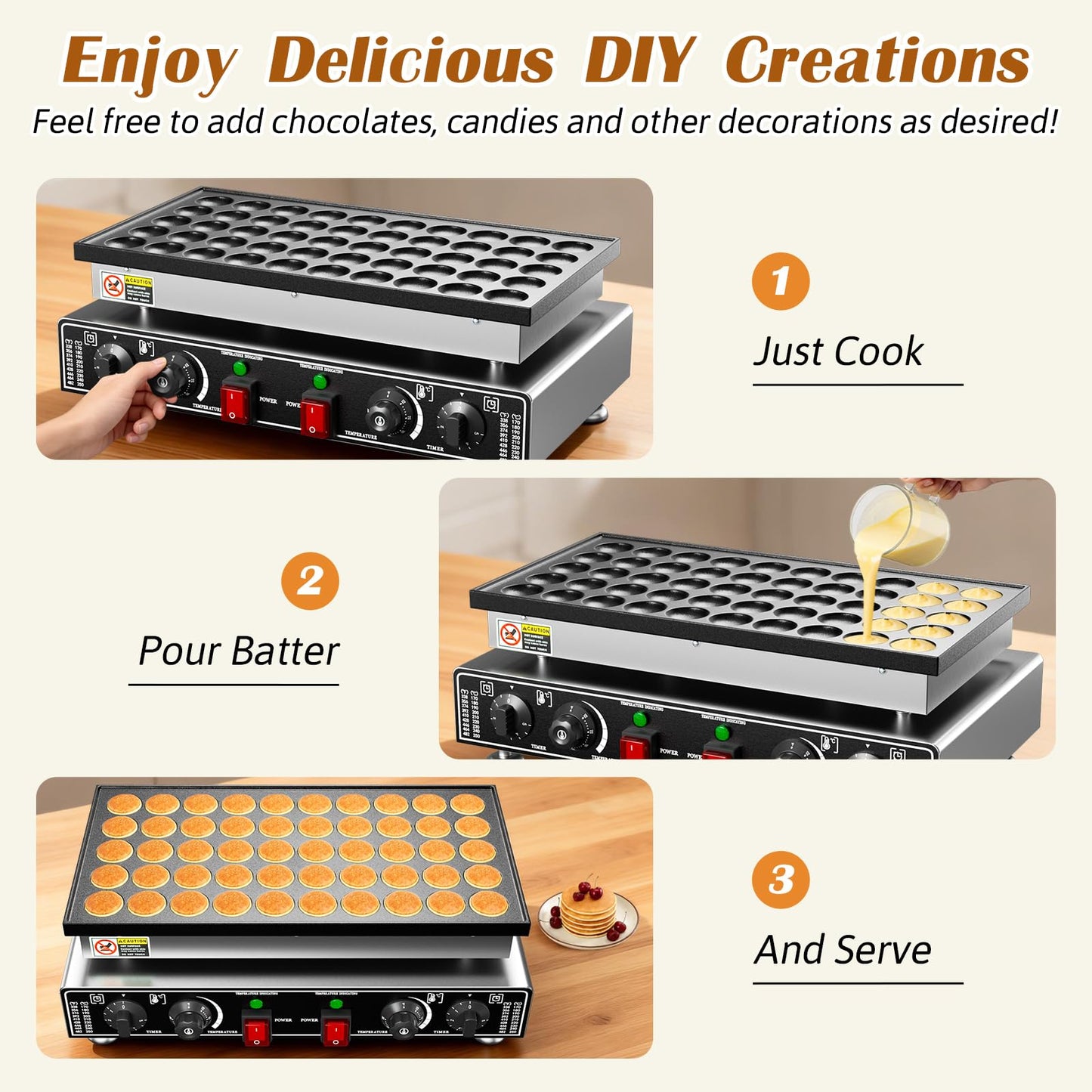 Baotree 50 PCS Commercial Mini Dutch Pancake Maker, 220V 1600W Mini Dutch Pancake Maker, 1.77 Inches Pancake Maker with 2 Thermostats & 2 Timers Separate Control, for Home and Restaurants