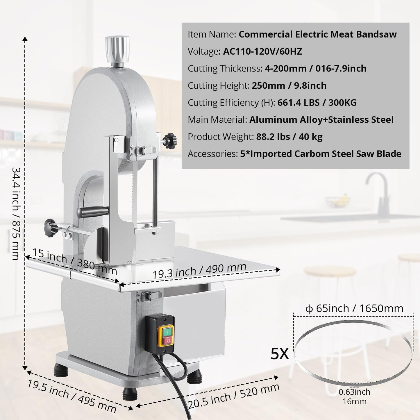 1100W Electric Bone Saw Machine, 0.16-7.09 Inch Cutting Thickness, Frozen Meat Cutter With 5 Saw Blades, 19.3"x15" Table Sawing for Chicken Fish Trotter Beef