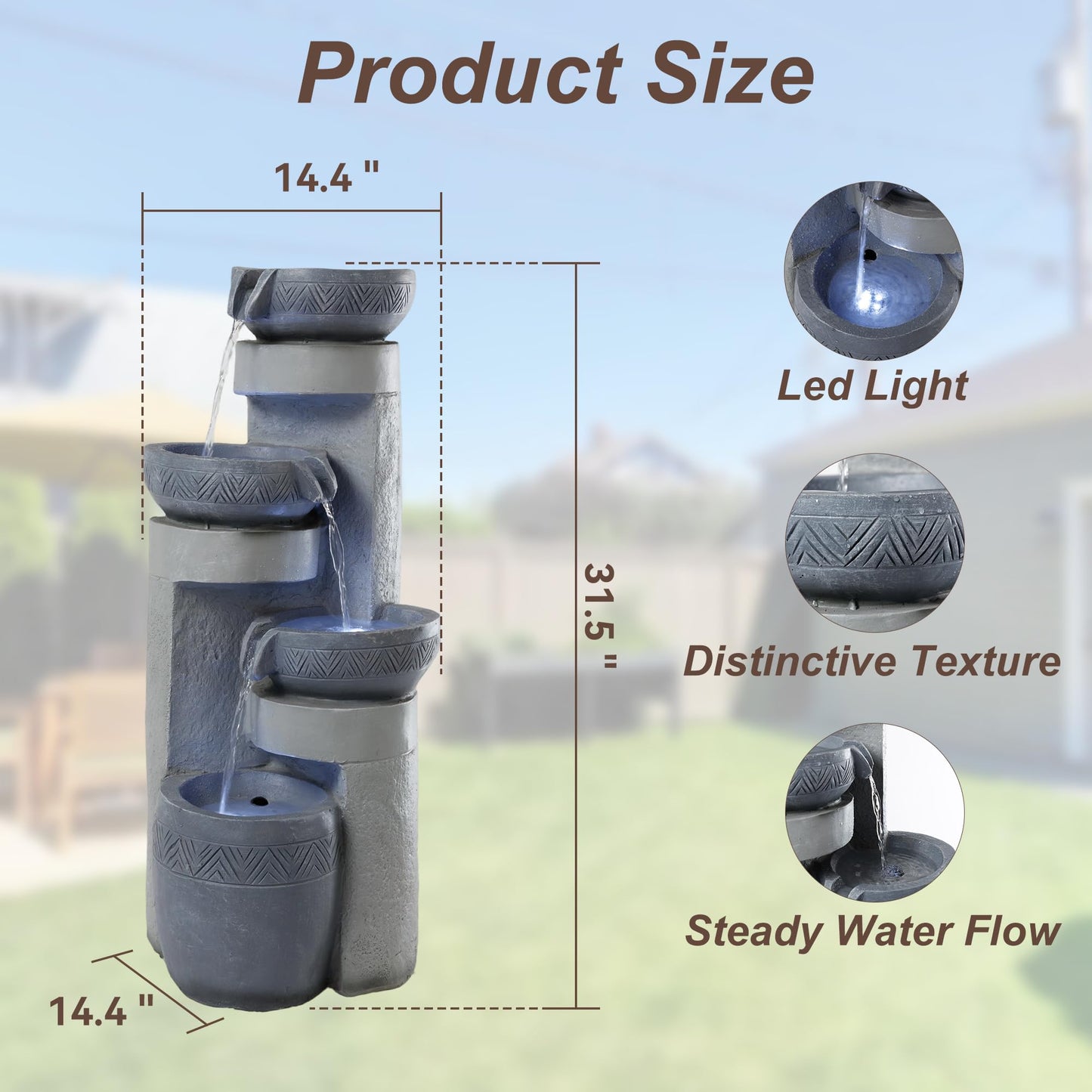 32" Outdoor Water Fountain with Led Lights, 4-Tier Modern Pottery Water Fountain, Outdoor Garden Waterfall Decor for Garden, Patio, Courtyard