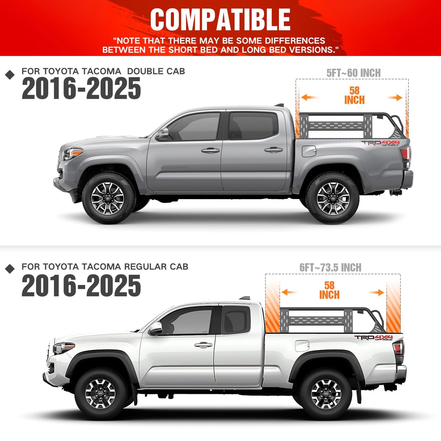 YZONA 13.3" High Overland Bed Racks Truck Cargo Carrier with 2 LED Lights Compatible with 2016-2025 Toyota Tacoma with Bed Rails, 1000 LBS Truck Rear Ladder Rack Back Cross Bars