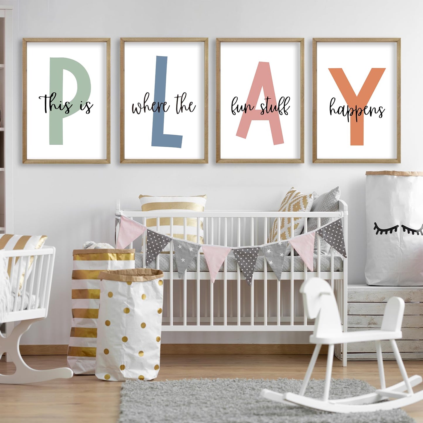 This Is Where The Fun Stuff Happens Kids Playroom Wall Art 11x16 Inch Set Of 4 Rustic Kids Wood Framed Boy Sign Toddler Modren Nursery Interesting Let's Play Prints Wall Hang Decor (Wood)