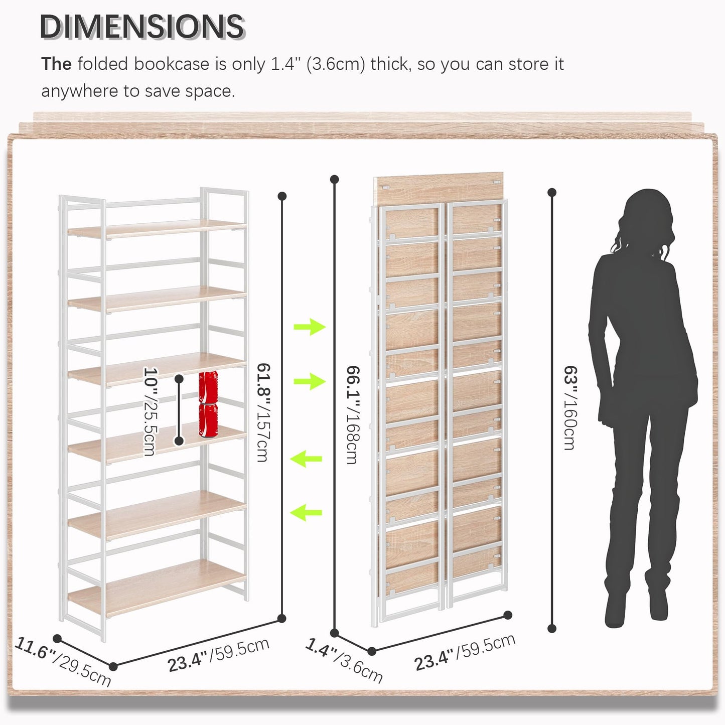 4NM No Assembly 6 Tiers Collapsible Book Shelves, 61.8" H Folding Bookshelf Bookcase Open Industrial Foldable Shelves for Bedroom, Living Room, Home Office - Natural White