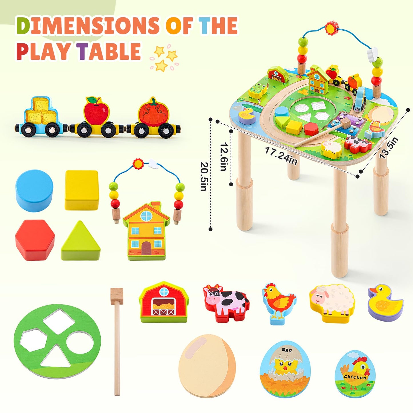 Activity Table for 1 Year Old with Two Height Levels,Wooden Sensory Play Table for Toddlers 1-3,8 in 1 Montessori Learning Toy with Bead Maze, Shape Sorter & Train,Gift for Baby Boys Girls (Farm)