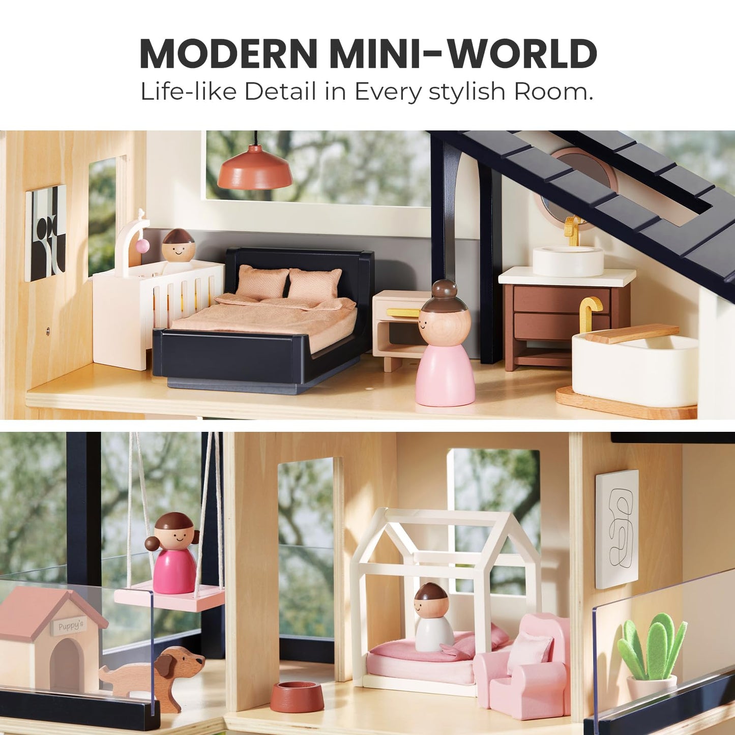 Tiny Land Modern Family Dollhouse & Wooden Dollhouse Garage Toy Set