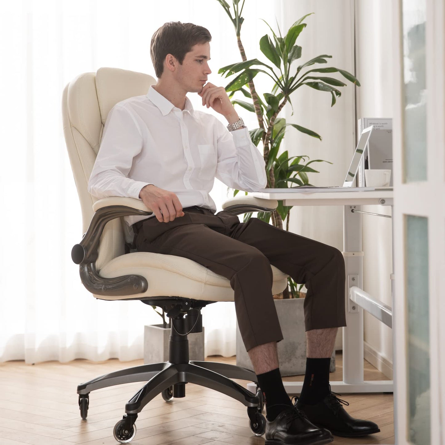 Executive Office Chair-Ergonomic Computer Desk Chair with Upgraded Caster for Swivel, High Back Office Chair with Padded Flip-up Arms,Leather Chair Thicken Seat for Comfort