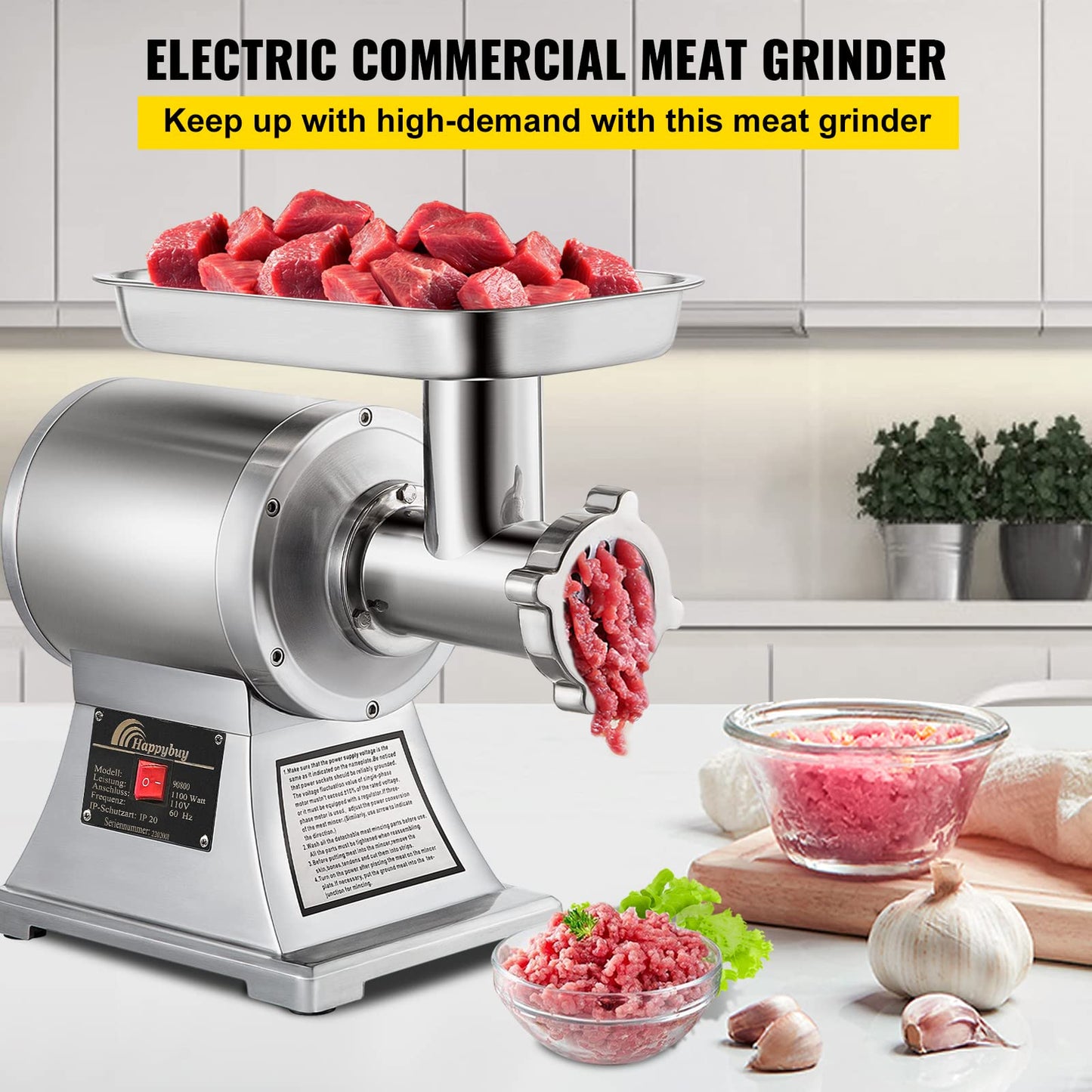 Happybuy Commercial Meat Grinder,550LB/h 1100W, 220 RPM Heavy Duty Stainless Steel Industrial Meat Mincer w/2 Blades, Grinding Plates & Meat Pusher