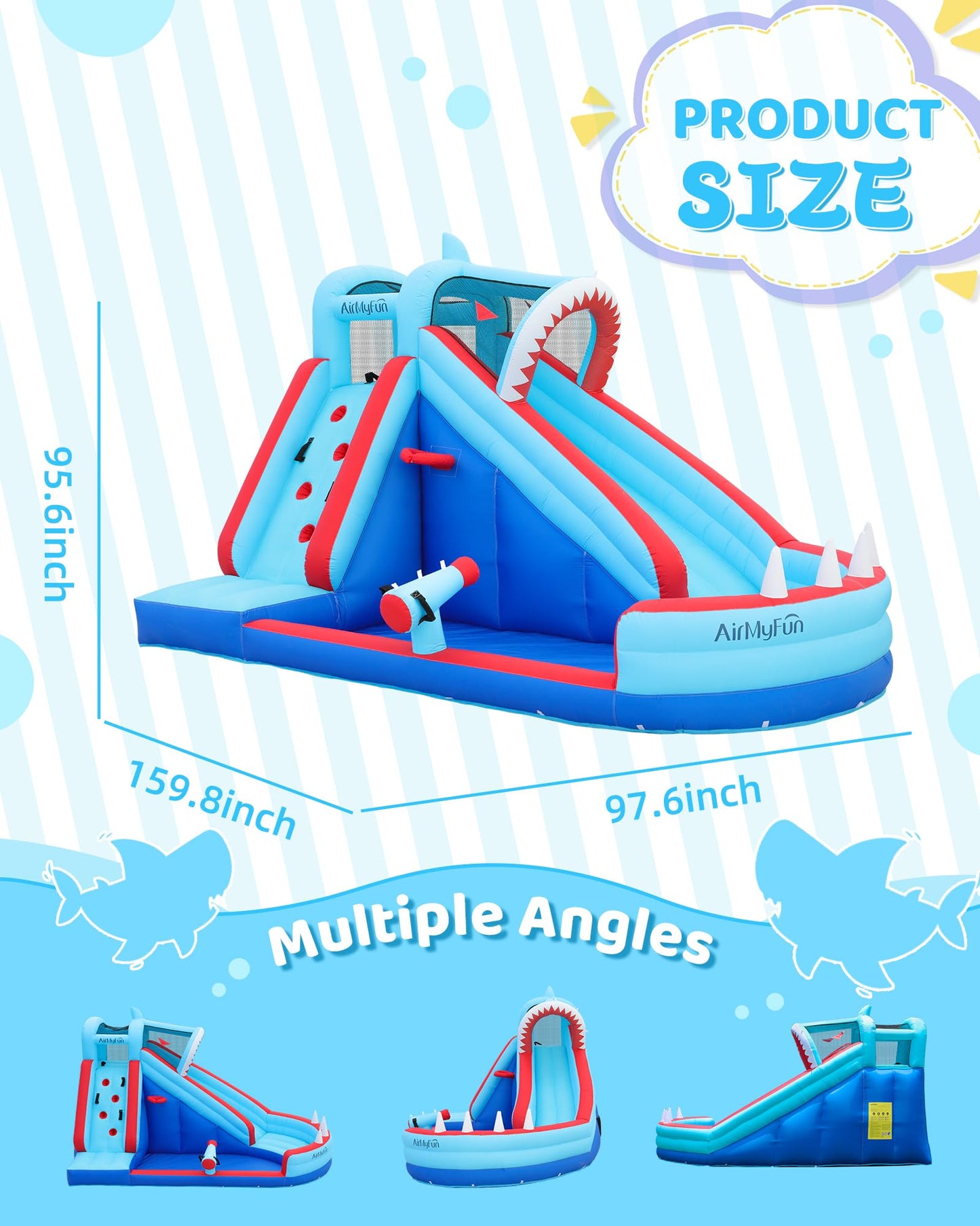 AirMyFun Bounce House, Sharks Theme Inflatable Bouncy House with Slide, Kids Bounce House Water Park with Slides Bouncer Castle with Splash Pool, Climbing Wall, Ball Shooting