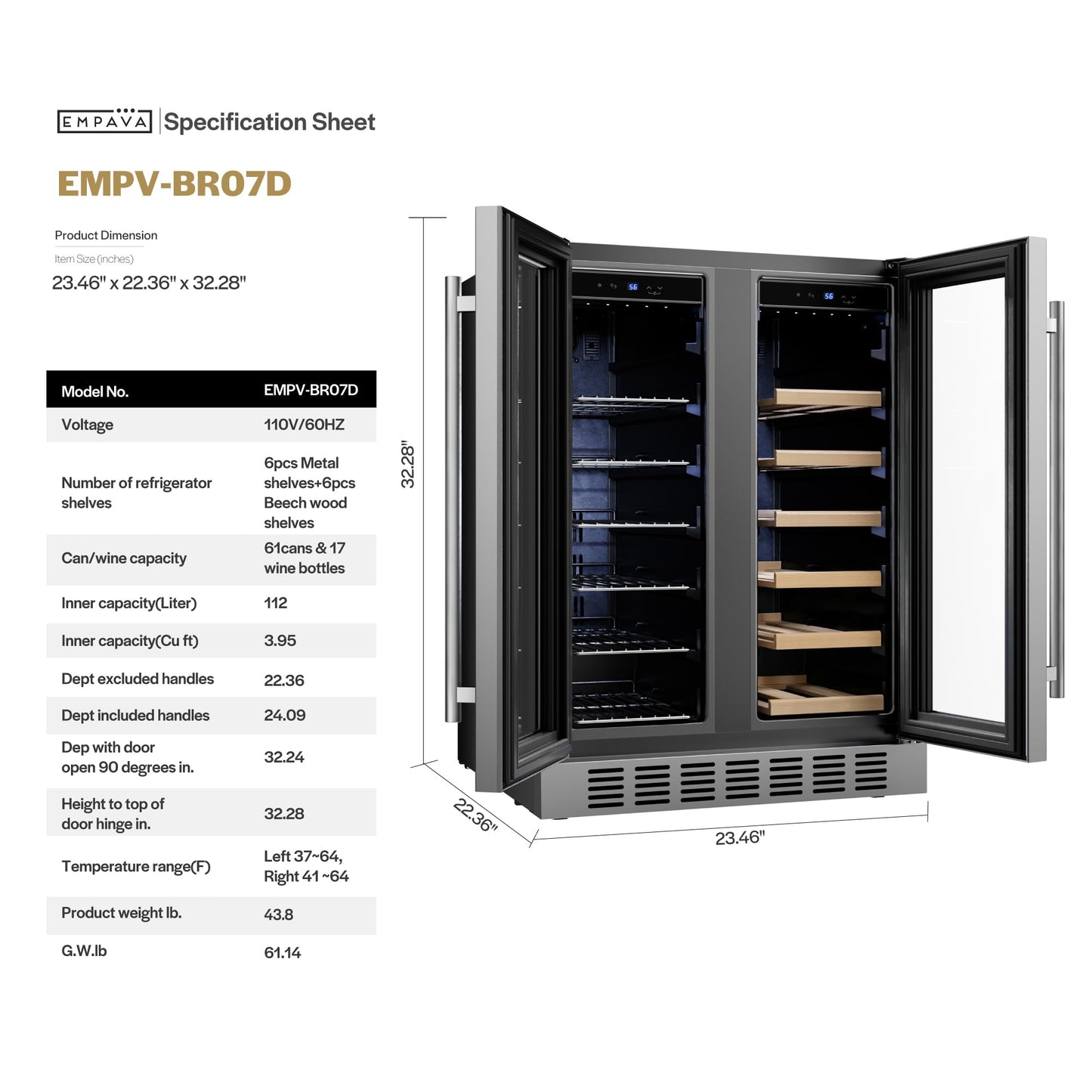 Empava 24 inch Dual Zone Beverage and Wine Cooler Refrigerator with Glass Door, Freestanding Drink Fridge with LED Light, Touch Control, 61 Cans Plus 17 Bottles Capacity