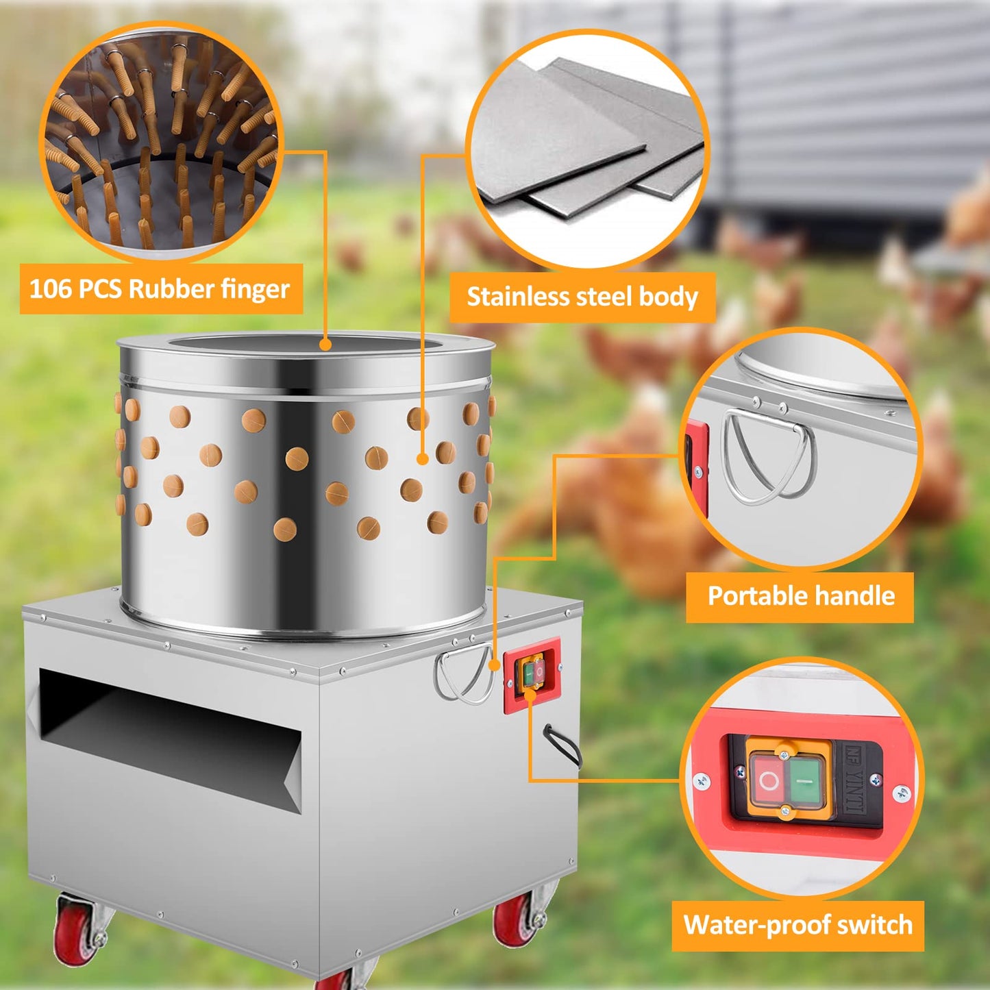 Panghuhu88 2HP Chicken Plucker Machine, 20Inch Turkey De-Feather Remover Poultry Stainless Steel Machine 1500W 275R/min Barrel Diameter Heavy Duty Feather Plucking Machine