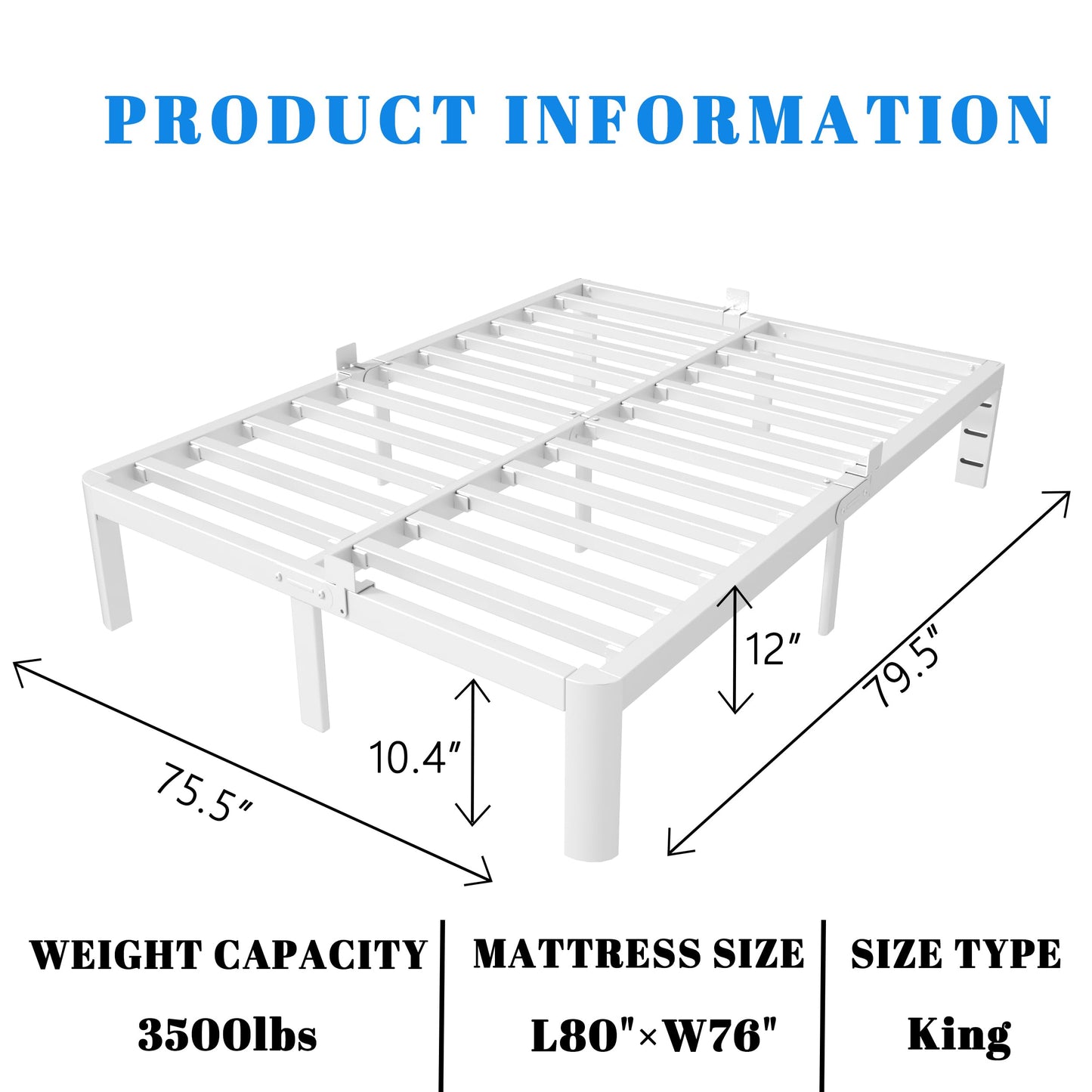 KOSOSO 12 Inch King Size Bed Frame with Metal Gaskets, White Bed Frame King Size No Box Spring Needed, Heavy Duty Steel Platform Support, Round Corner Design, Reserved Holes, Noiseless, Storage Space