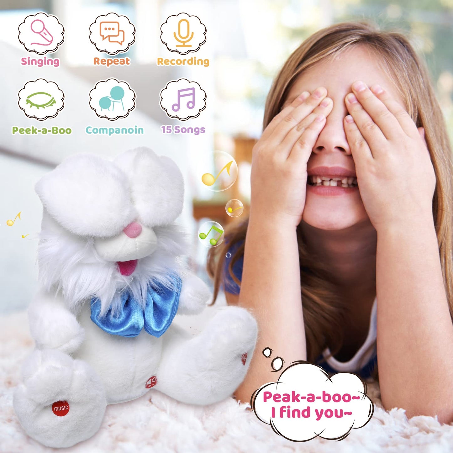 Emoin Easter Bunny Stuffed Animals Bunny Plush Baby Toys Bunny Peek-A-Boo Toys Repeats What You Say Singing with Floppy Ears Birthday Gift for Toddler 7 8 9 10 11 Months 1-2 Year Old(White)