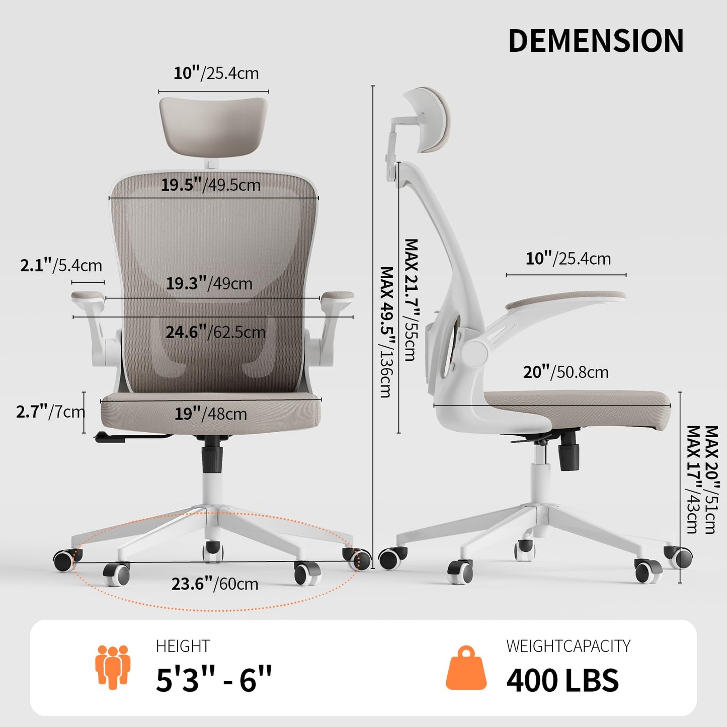 Office Chair Ergonomic Desk Chair with Lumbar Support&Headrest&Flip-up Arms Height Adjustable Rocking Swivel High Computer Chair Multi-Angle from 90° to 125° with 350LBS Capacity(White+Khaki-2)