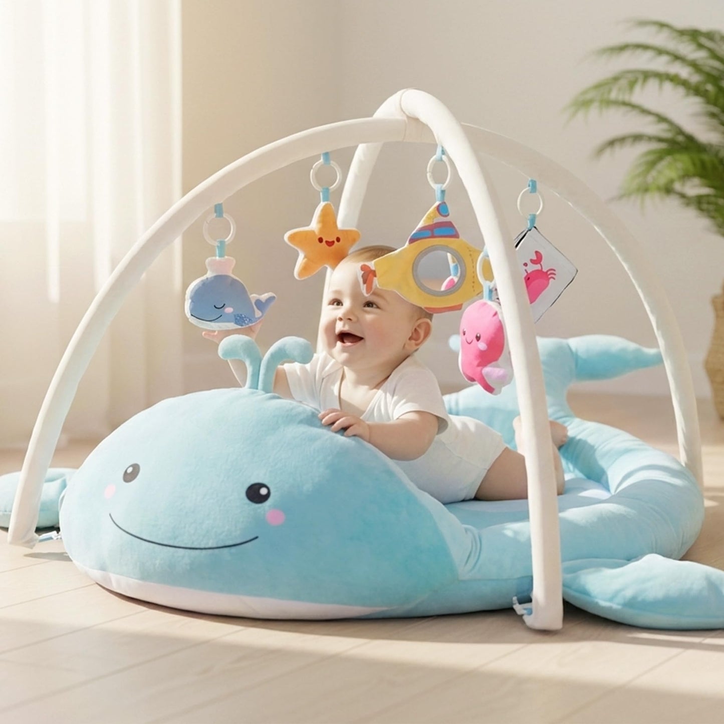 BubblinHome Baby Play Mat, Whale Tummy Time Mat with Toys, Baby Activity Gym for Infants 0–12 Months Sensory Floor Mat for Boys & Girls