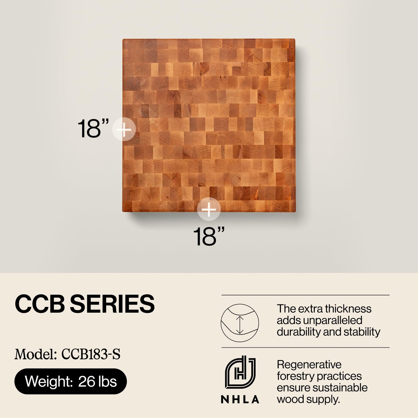 John Boos CCB Series Square Wooden Maple Cutting Board 18”x18” – 3” Thick, 26-lb Reversible Butcher Block with End-Grain & Finger Grips – Made in the USA